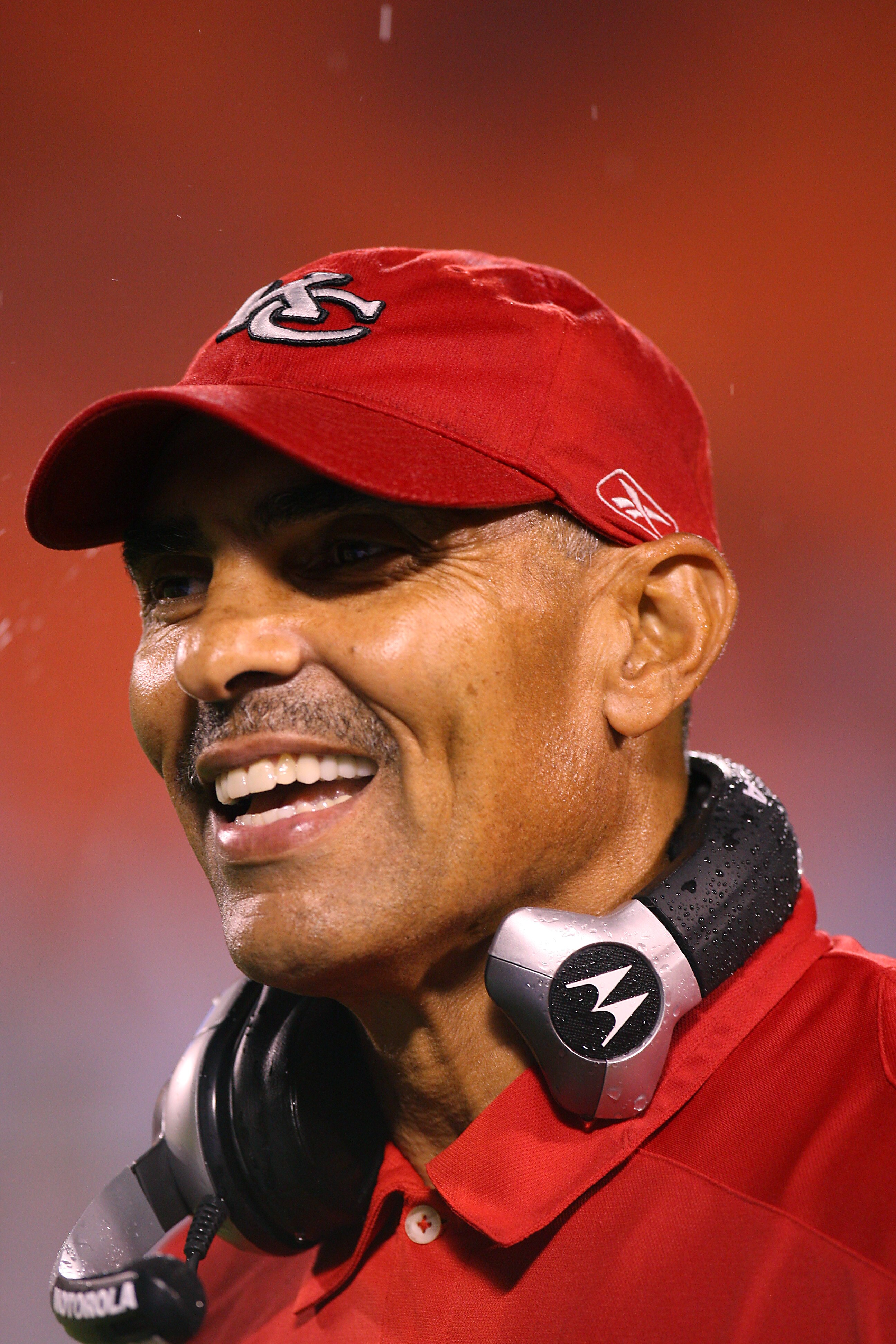 KANSAS CITY, MO - AUGUST 28:  Head coach Herm Edwards of the Kansas City Chiefs smiles on the sidelines during a preseason game against the St. Louis Rams on August 28, 2008 at Arrowhead Stadium in Kansas City, Mo.  (Photo by G. Newman Lowrance/Getty Imag