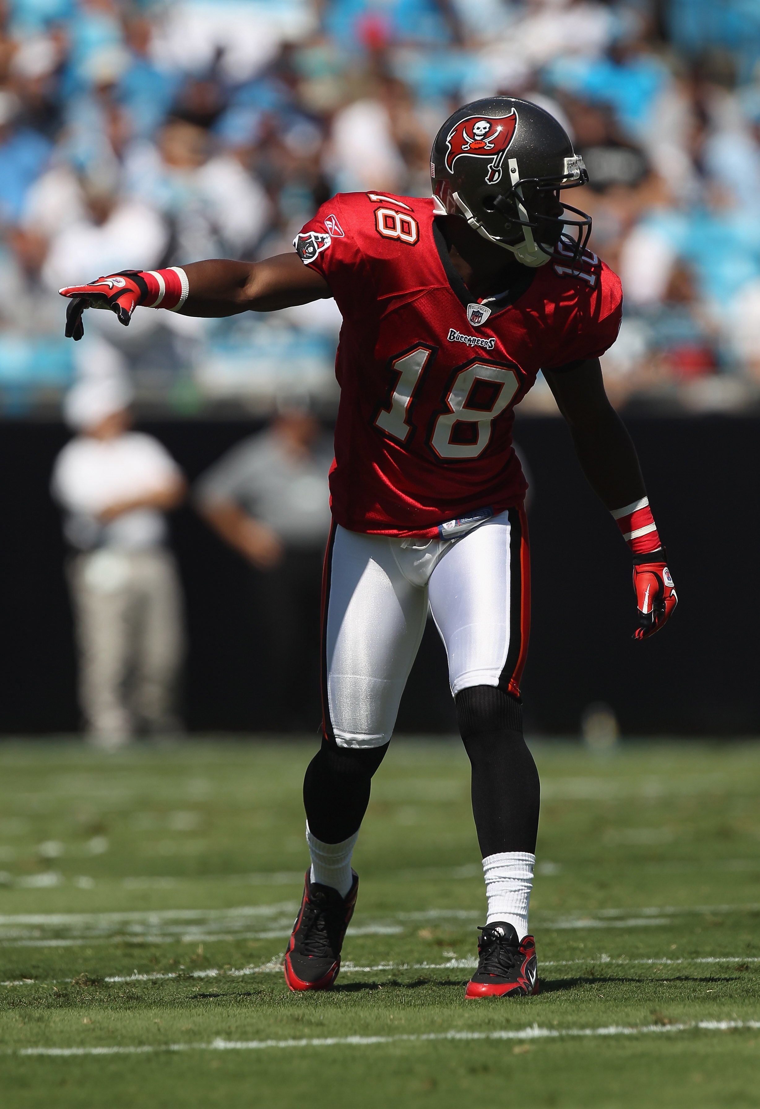 CHARLOTTE, NC - SEPTEMBER 19:  Sammie Stroughter #18 of the Tampa Bay Buccaneers against the Carolina Panthers during their game at Bank of America Stadium on September 19, 2010 in Charlotte, North Carolina.  (Photo by Streeter Lecka/Getty Images)