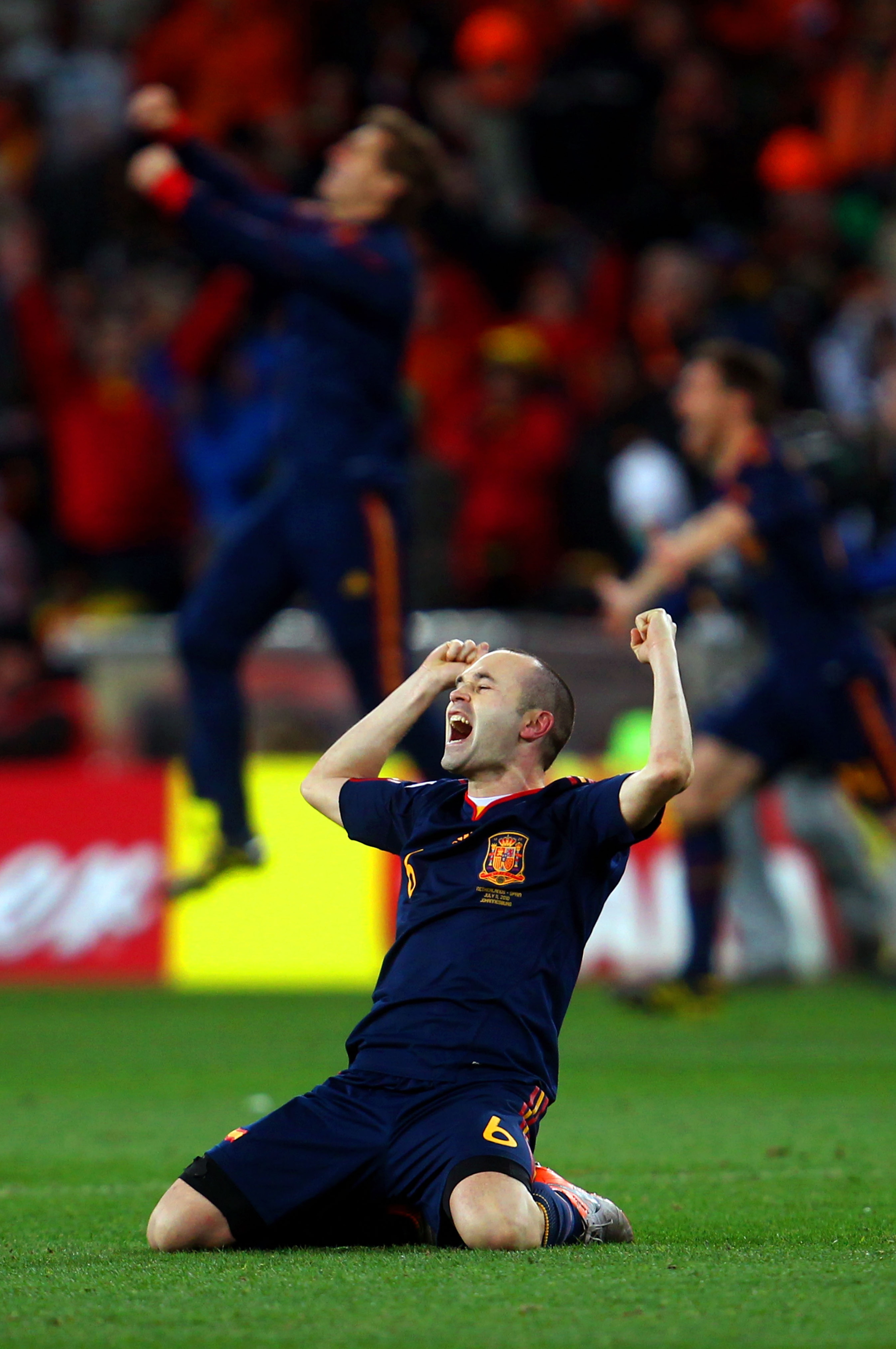 JOHANNESBURG, SOUTH AFRICA - JULY 11: Andres Iniesta of Spain celebrates after his goal seals victory during the 2010 FIFA World Cup South Africa Final match between Netherlands and Spain at Soccer City Stadium on July 11, 2010 in Johannesburg, South Afr JOHANNESBURG, SOUTH AFRICA - JULY 11: Andres Iniesta of Spain celebrates after his goal seals victory during the 2010 FIFA World Cup South Africa Final match between Netherlands and Spain at Soccer City Stadium on July 11, 2010 in Johannesburg, South Afr