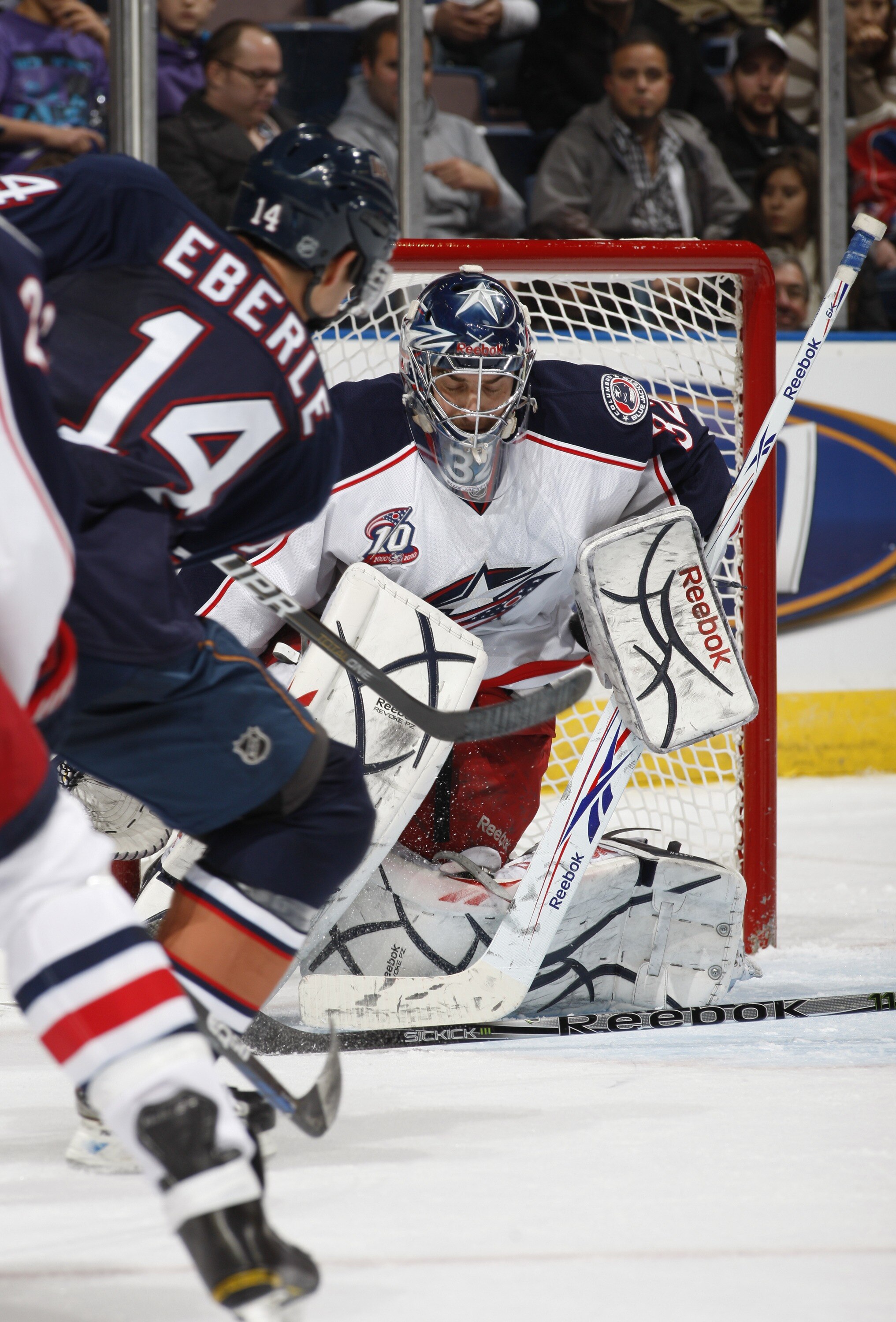 EDMONTON, CANADA - DECEMBER 16: Jordan Eberle #14 of the Edmonton Oilers takes a shot on Mathieu Garon #32 of the Columbus Blue Jackets at Rexall Place December 16, 2010 in Edmonton, Alberta, Canada. (Photo by Dale MacMillan/Getty Images)