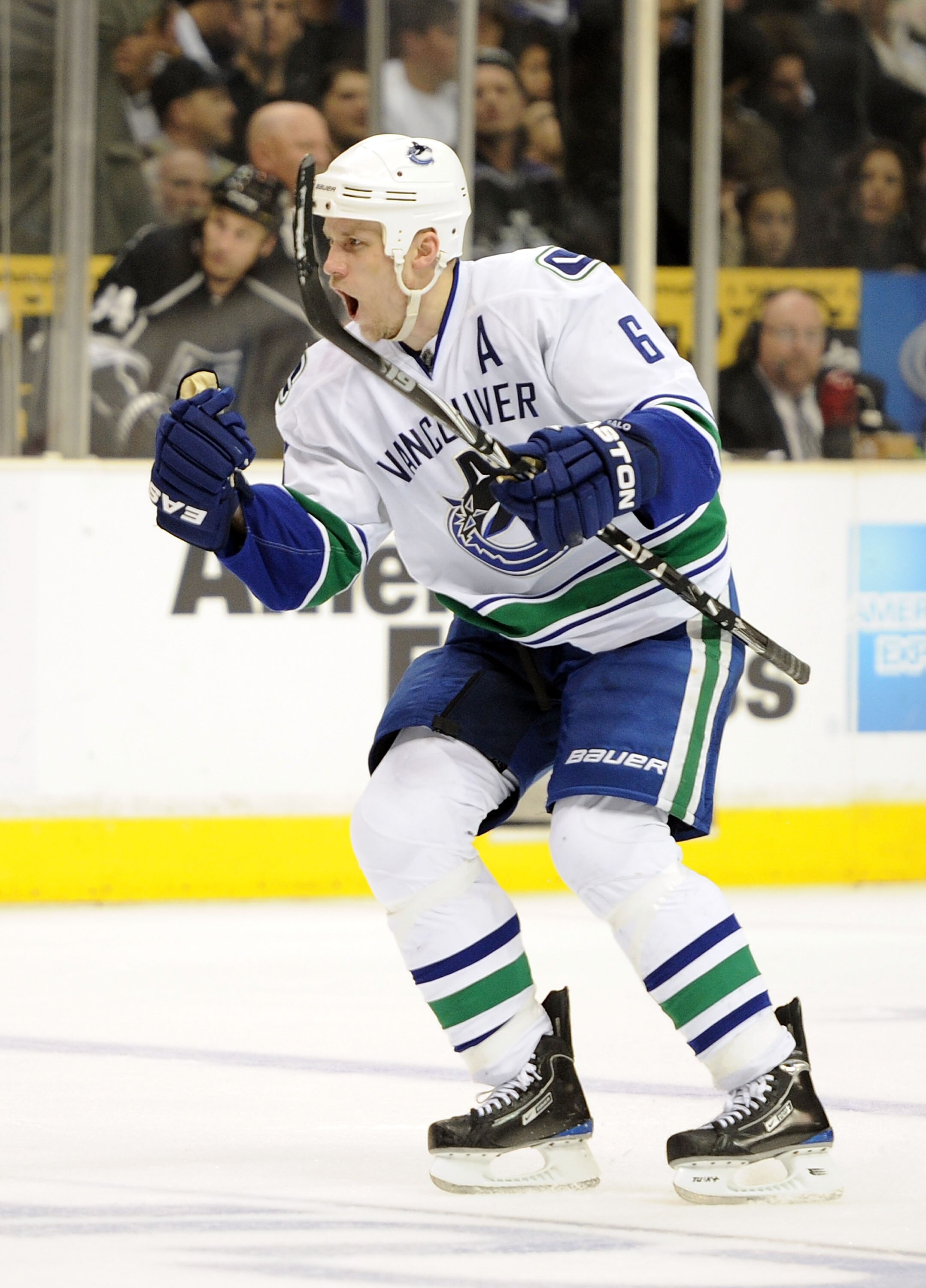 LOS ANGELES, CA - APRIL 21:  Sami Salo #6 of the Vancouver Canucks celebrates his goal for a 4-4 tie against the Los Angeles Kings during the third period in game four of the Western Conference Quarter-final at Staples Center on April 21, 2010 in Los Ange