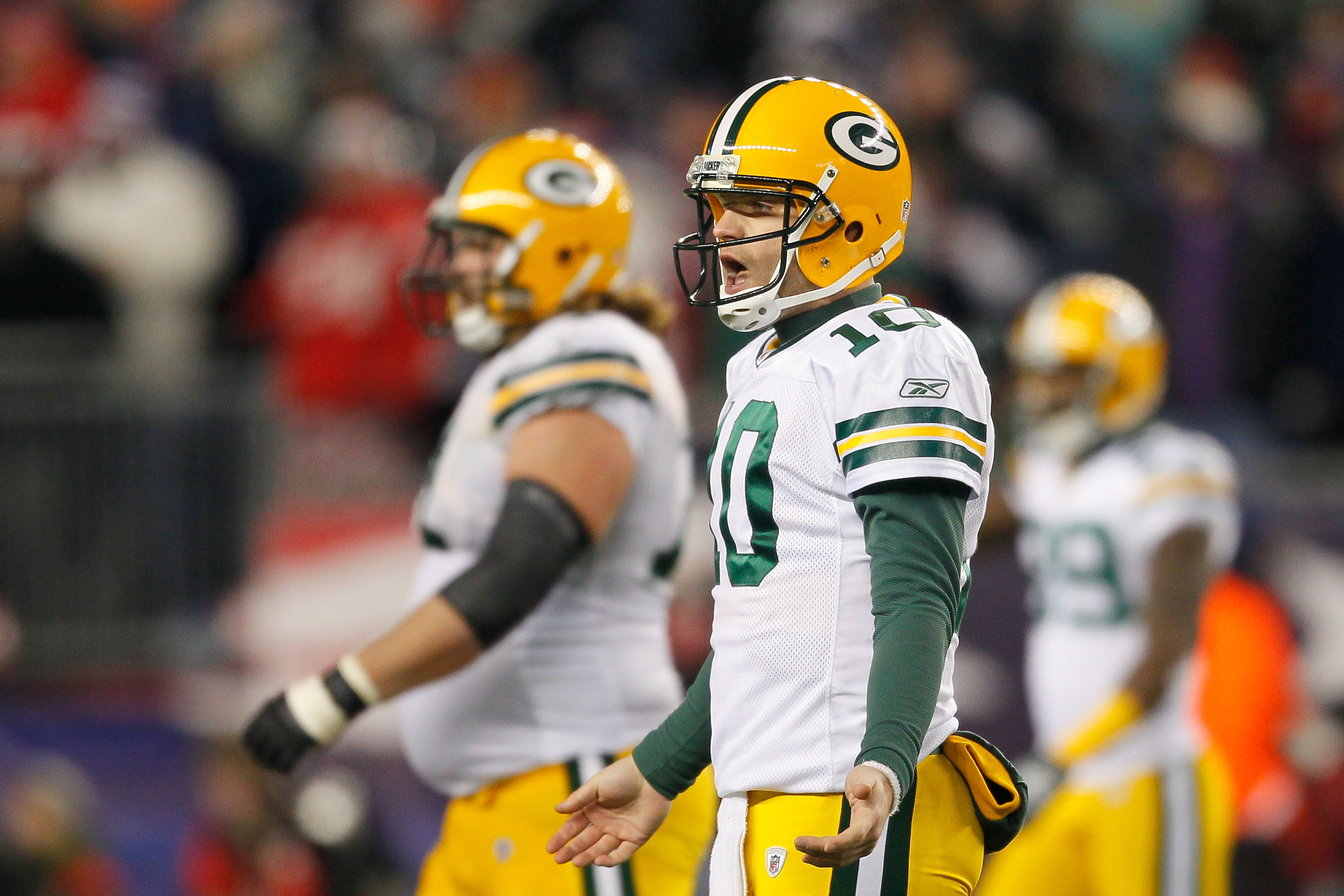 FOXBORO, MA - DECEMBER 19:  Quarterback Matt Flynn #10 of the Green Bay Packers reacts during the fourth quarter of the game against the New England Patriots at Gillette Stadium on December 19, 2010 in Foxboro, Massachusetts. The Patriots won the game 31-