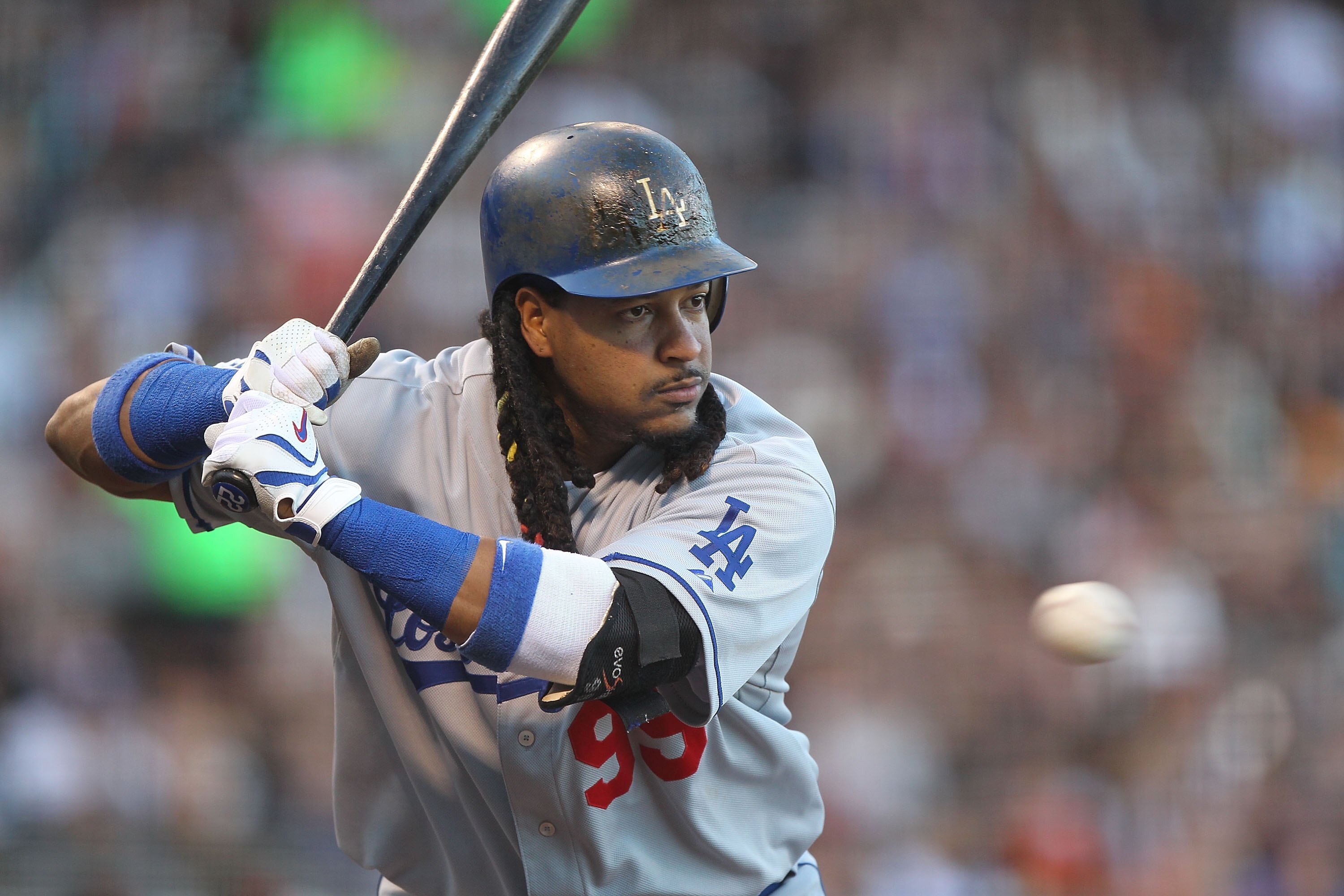 SAN FRANCISCO - JUNE 28:  Manny Ramirez #99 of the Los Angeles Dodgers in action against the San Francisco Giants during an MLB game at AT&T Park on June 28, 2010 in San Francisco, California.  (Photo by Jed Jacobsohn/Getty Images)