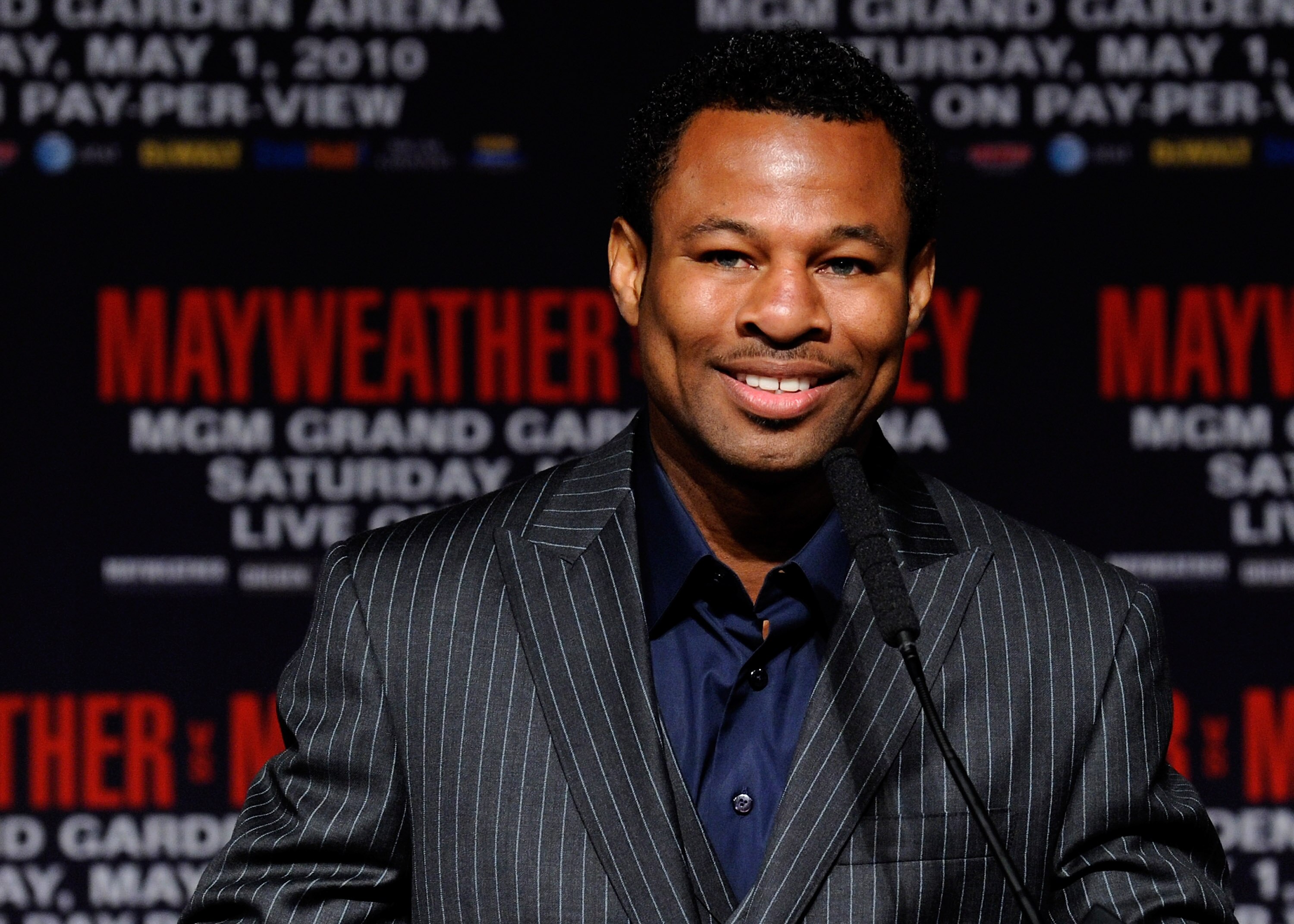 LAS VEGAS - APRIL 28:  Boxer Shane Mosley speaks during the final news conference for his bout against Floyd Mayweather Jr. at the MGM Grand Hotel/Casino April 28, 2010 in Las Vegas, Nevada. Mayweather and Mosley will meet in a 12-round welterweight bout