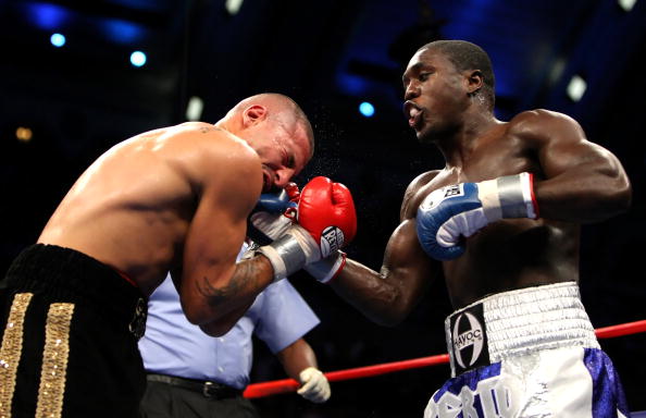 ATLANTIC CITY, NJ - SEPTEMBER 29:  Andre Berto lands a right hand uppercut against David Estrada during their NABF Welterweight Championship fight at Boardwalk Hall on September 29, 2007 in Atlantic City, New Jersey.  (Photo by Al Bello/Getty Images)