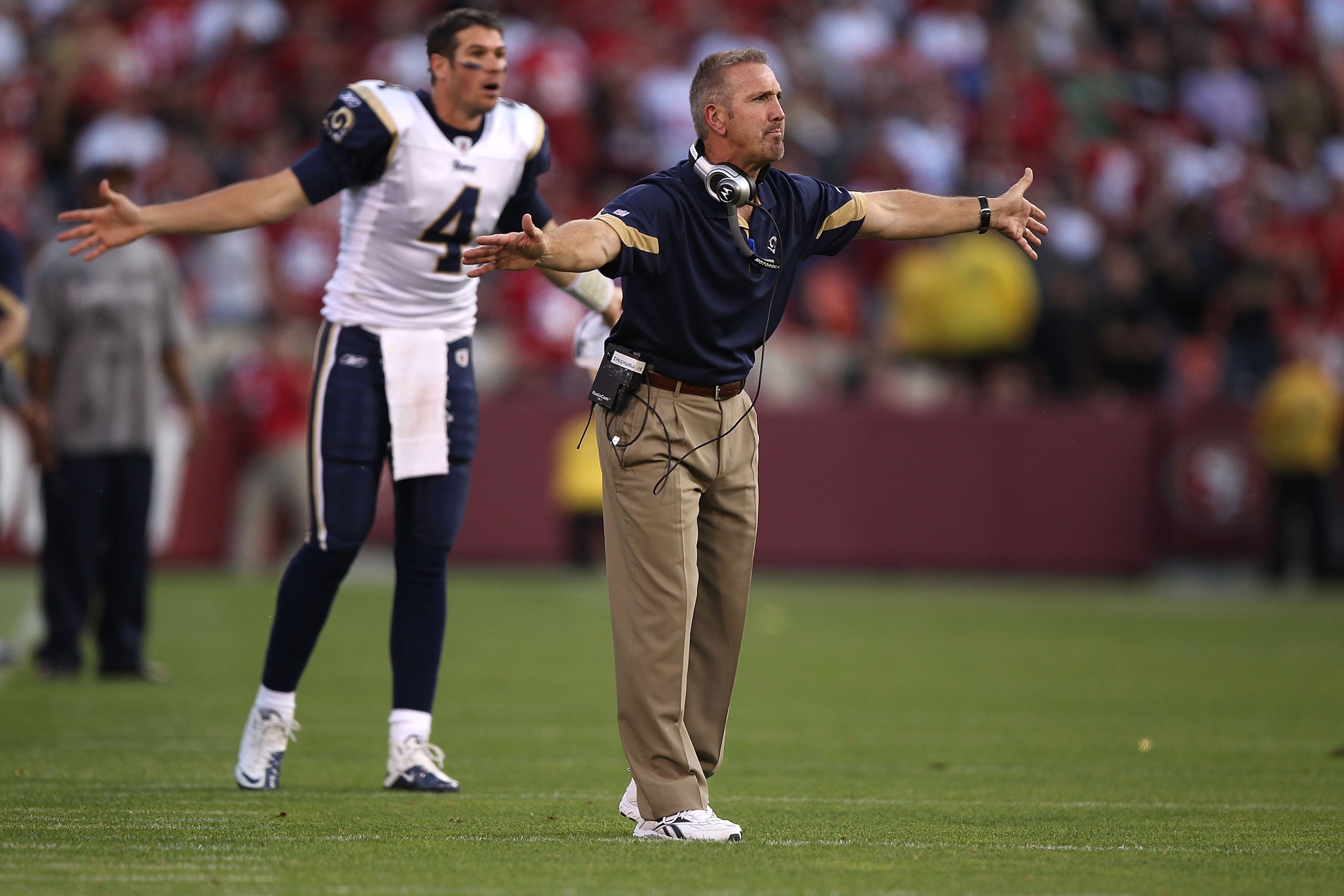 SAN FRANCISCO - NOVEMBER 14:  Head coach Steve Spagnuolo of the St. Louis Rams argues a pass interference call in overtime against the San Francisco 49ers during an NFL game at Candlestick Park on November 14, 2010 in San Francisco, California.  (Photo by