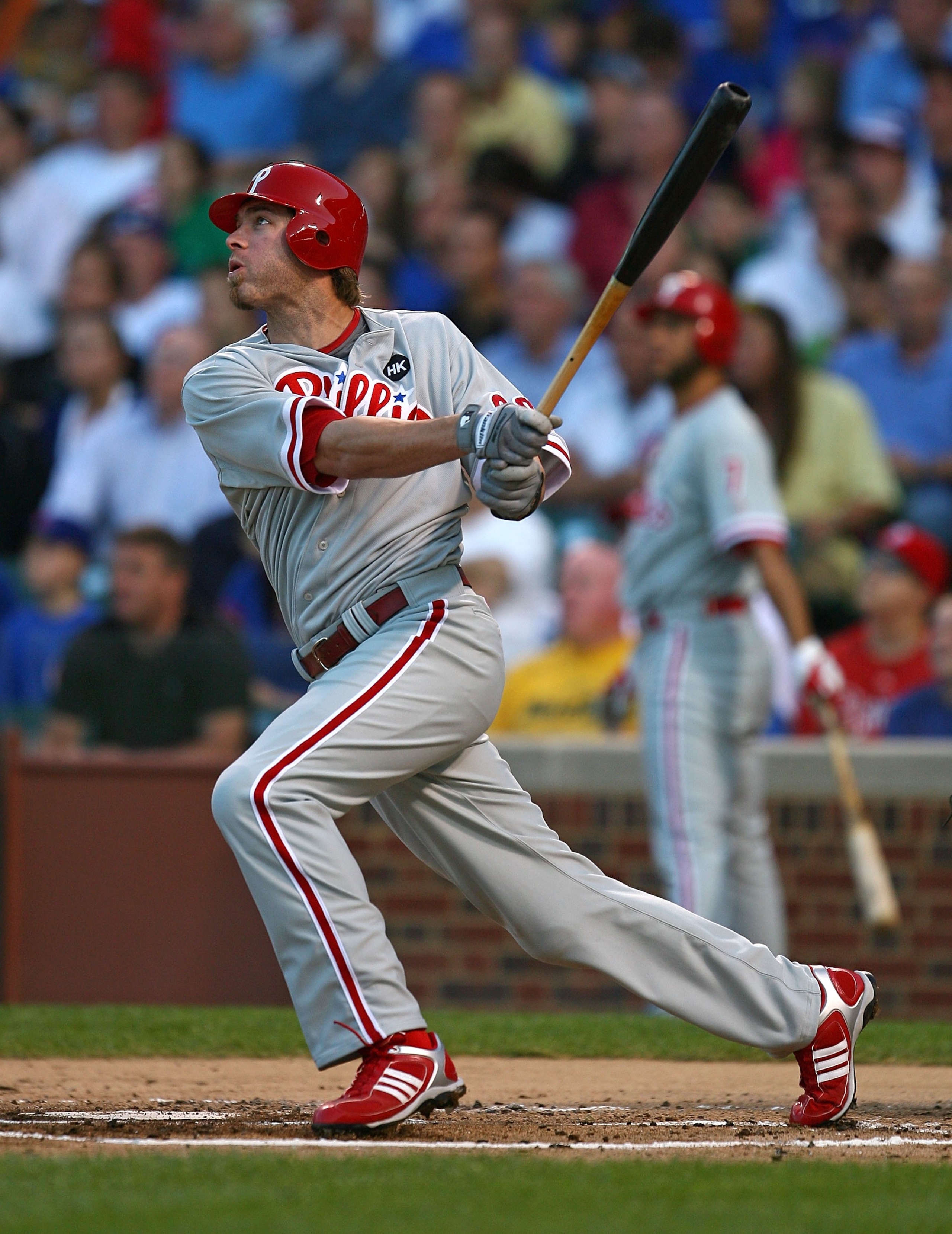 CHICAGO - AUGUST 12: Jayson Werth #28 of the Philadelphia Phillies watches the flight of the ball against the Chicago Cubs on August 12, 2009 at Wrigley Field in Chicago, Illinois. The Phillies defeated the Cubs 12-5. (Photo by Jonathan Daniel/Getty Image