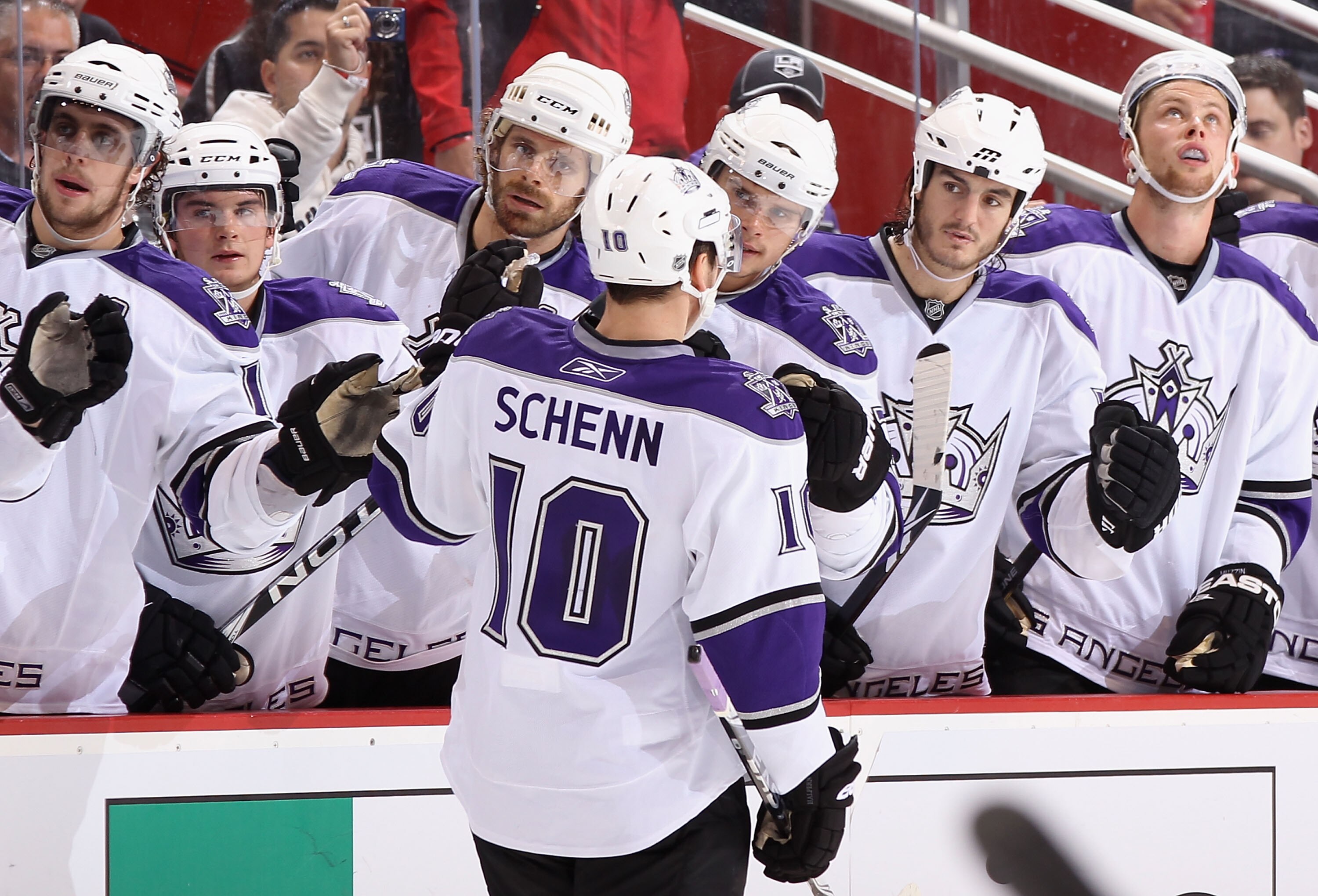 GLENDALE, AZ - OCTOBER 21:  Brayden Schenn #10 of the Los Angeles Kings celebrates with teammates on the bench during the NHL game against the Phoenix Coyotes at Jobing.com Arena on October 21, 2010 in Glendale, Arizona. The Coyotes defeated the Kings 4-2