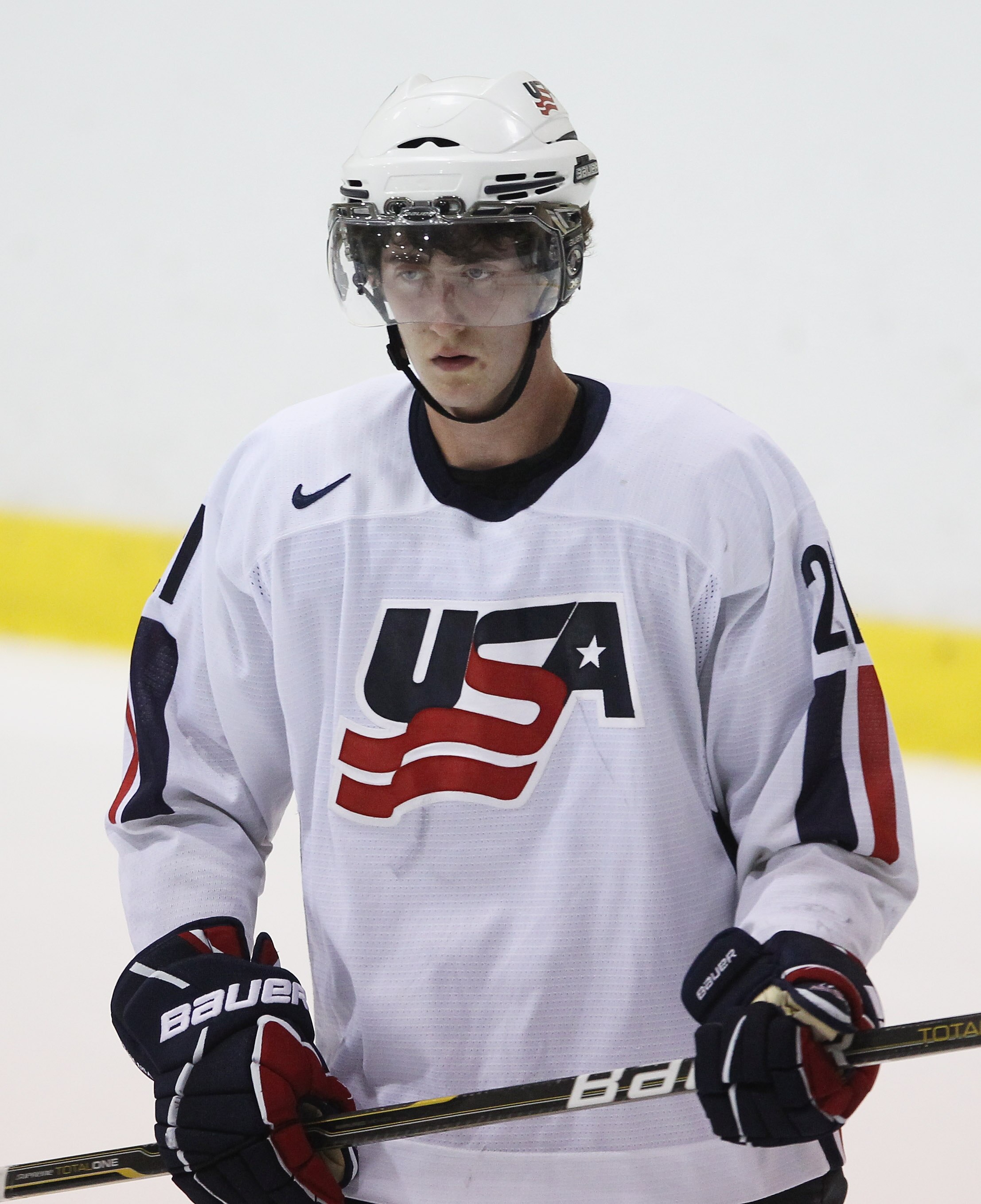 LAKE PLACID, NY - AUGUST 04: Brock Nelson #21 of Team USA skates against Team Finland at the USA Hockey National Evaluation Camp on August 4, 2010 in Lake Placid, New York. The USA defeated Finland 6-3.  (Photo by Bruce Bennett/Getty Images)
