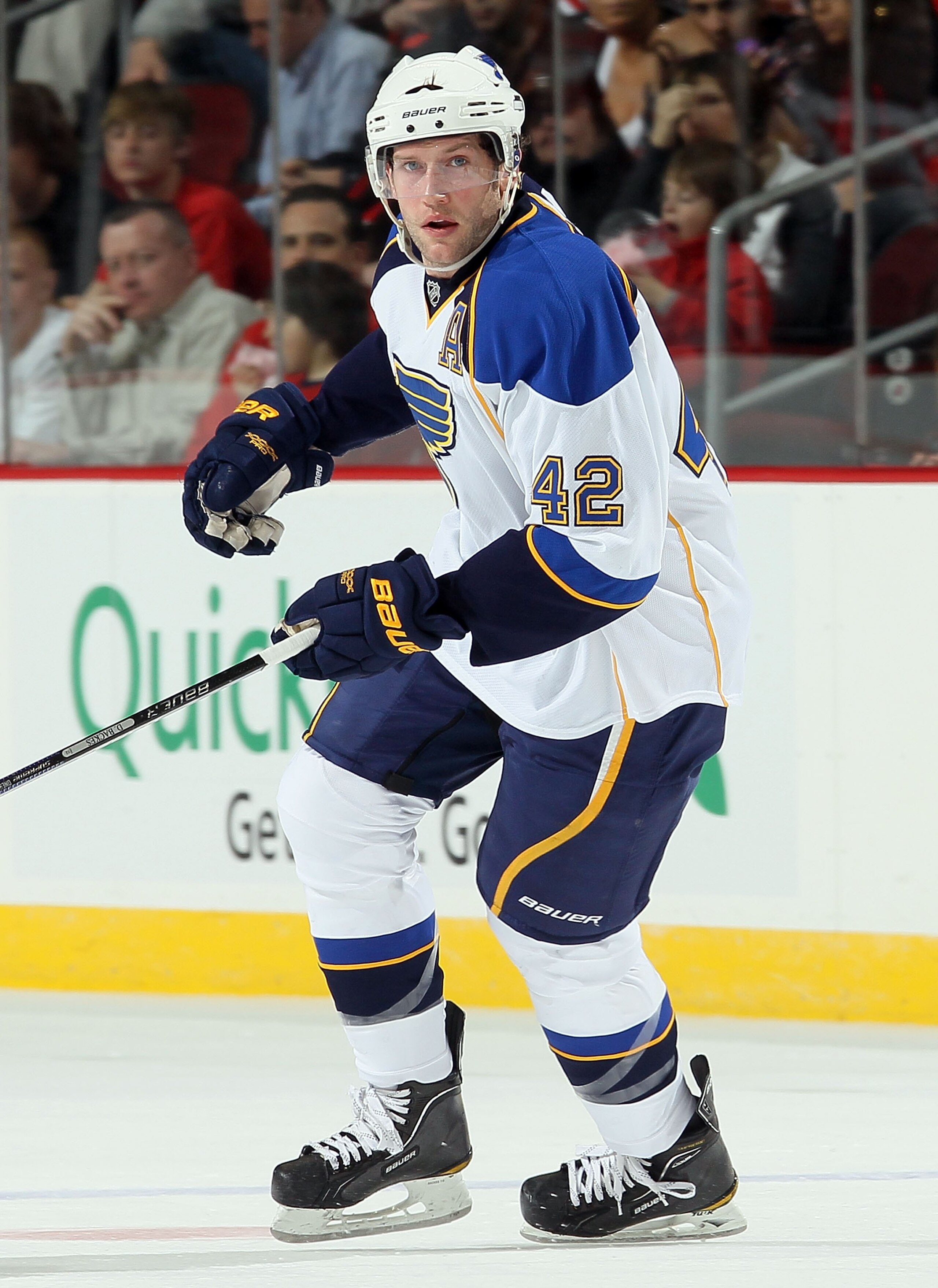 NEWARK, NJ - MARCH 20:  David Backes #42 of the St. Louis Blues skates against the New Jersey Devils at the Prudential Center on March 20, 2010 in Newark, New Jersey. The Blues defeated the Devils 1-0.  (Photo by Jim McIsaac/Getty Images)