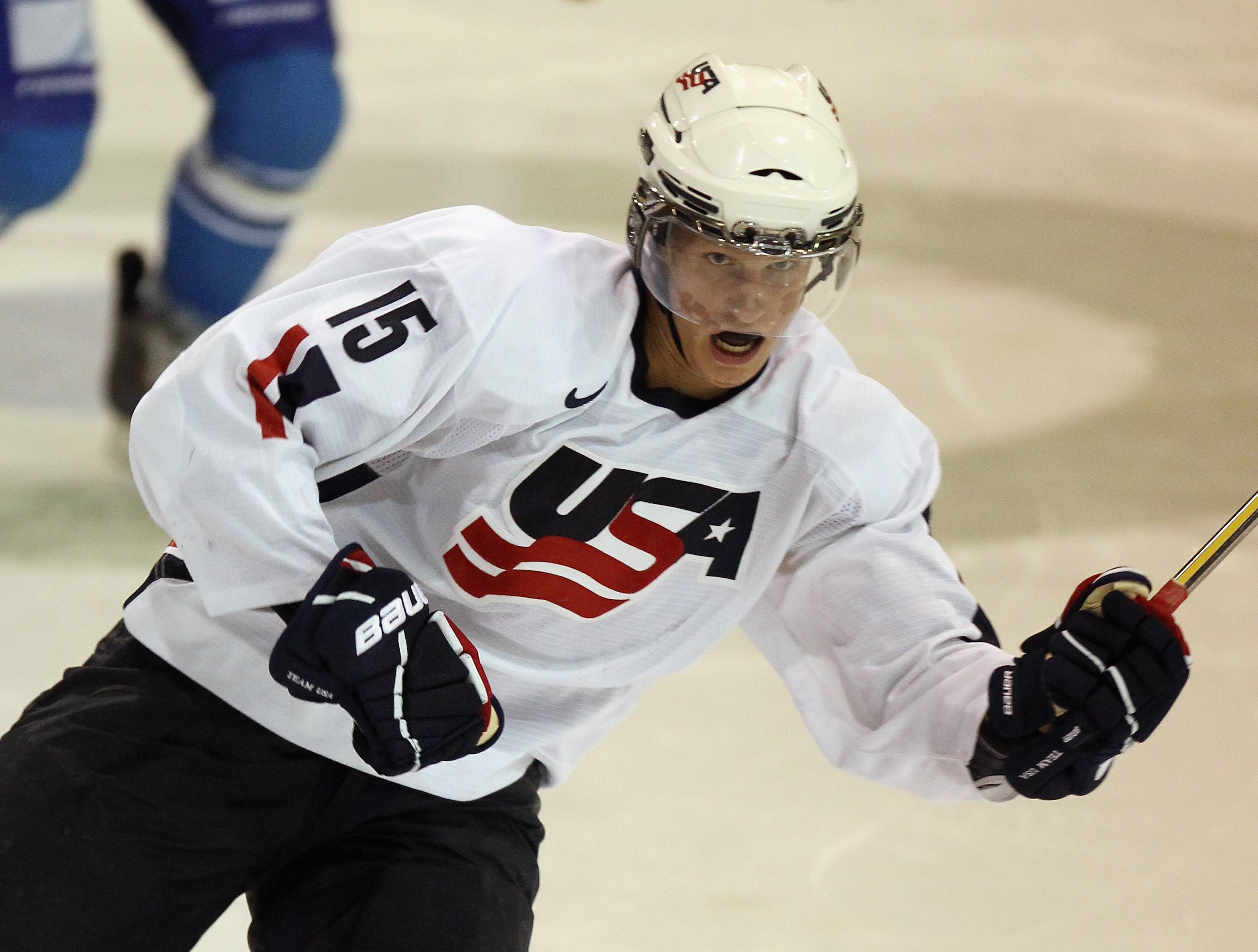 LAKE PLACID, NY - AUGUST 04: Nick Bjugstad #15 of Team USA skates against Team Finland at the USA Hockey National Evaluation Camp on August 4, 2010 in Lake Placid, New York. The USA defeated Finland 6-3.  (Photo by Bruce Bennett/Getty Images)
