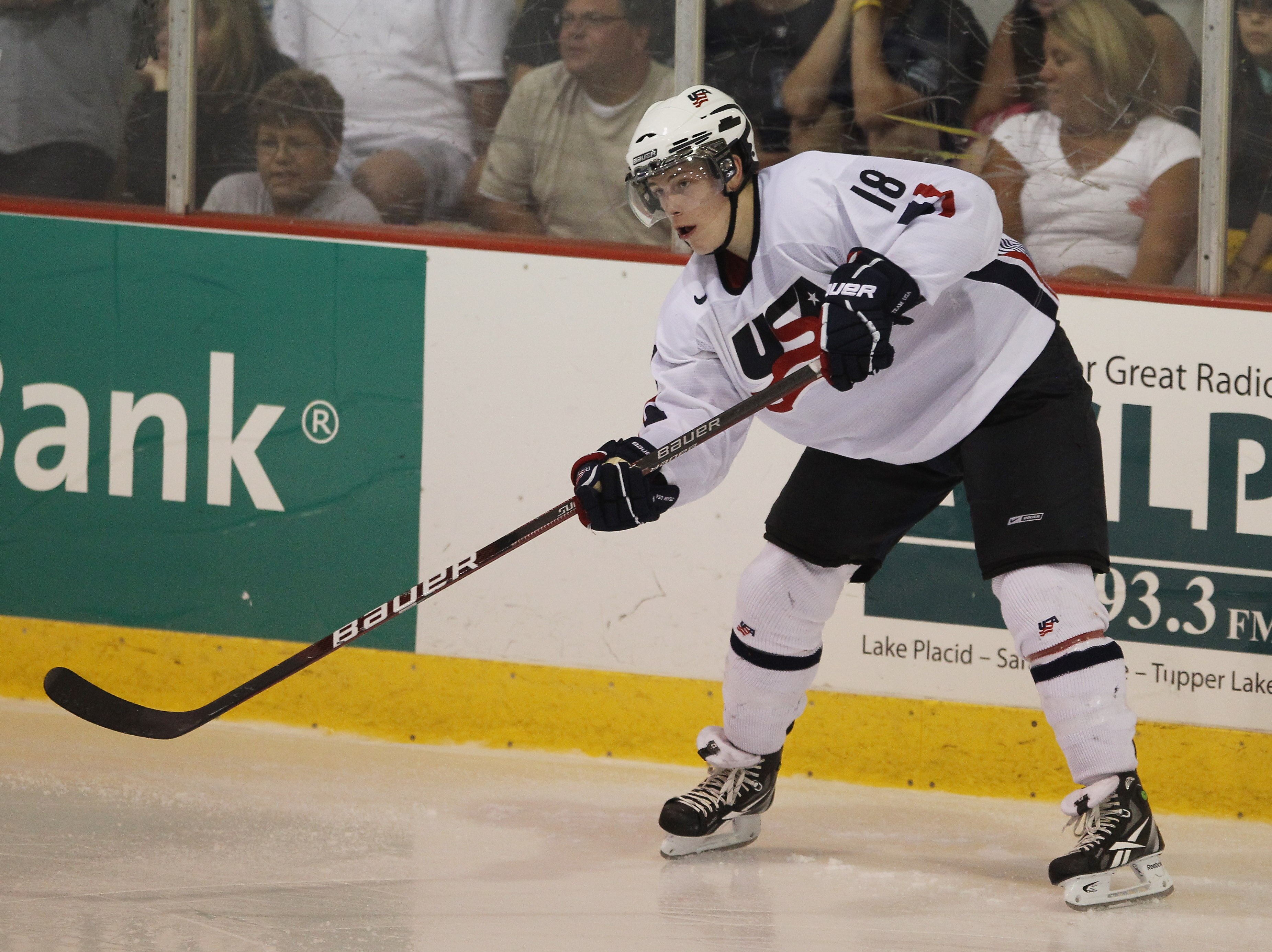 LAKE PLACID, NY - AUGUST 04:  Charlie Coyle #18 of Team USA skates against Team Finland at the USA Hockey National Evaluation Camp on August 4, 2010 in Lake Placid, New York. The USA defeated Finland 6-3.  (Photo by Bruce Bennett/Getty Images)