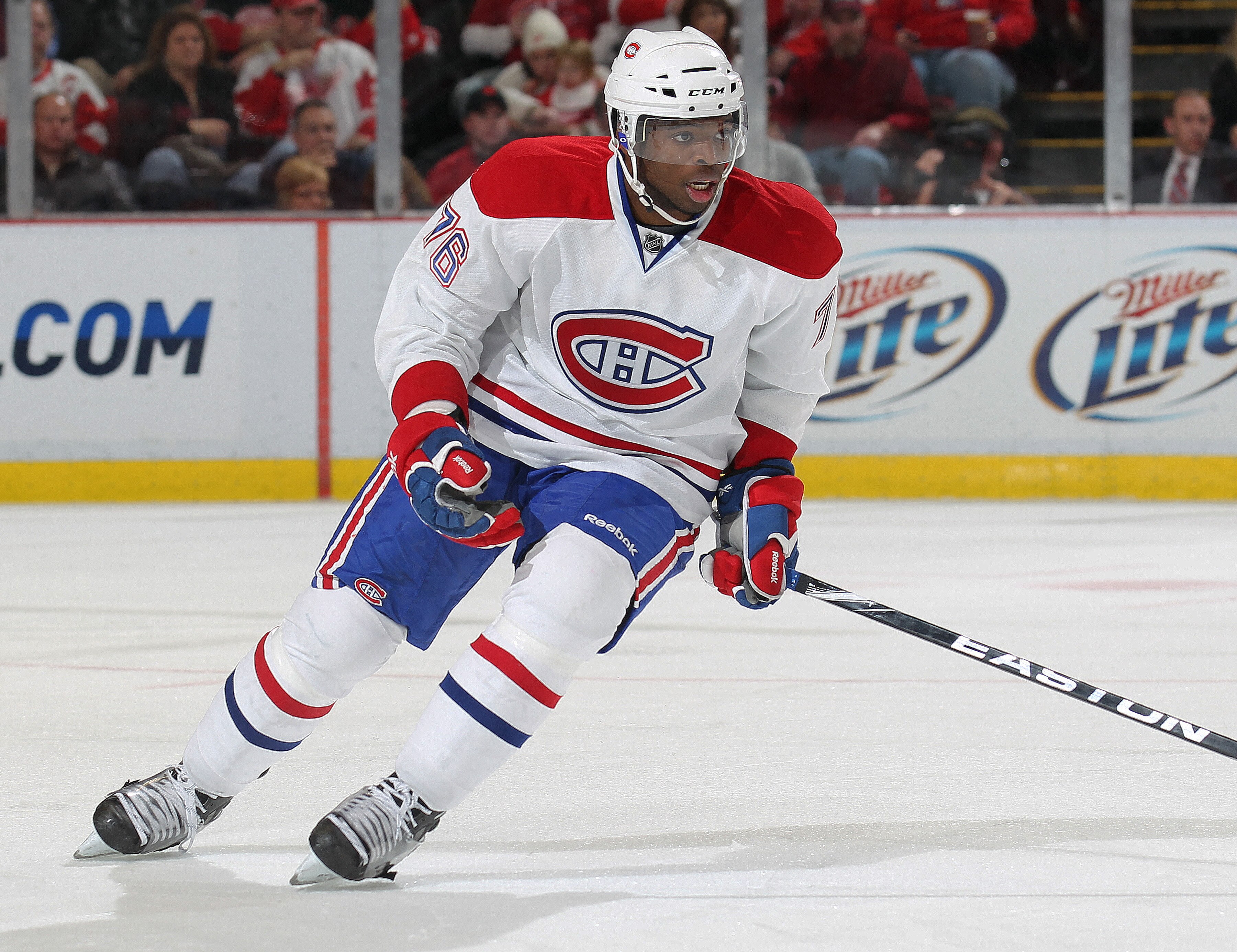 DETROIT,MI - DECEMBER 10:  P.K. Subban #76 of the Montreal Canadiens skates during the game against the Detroit Red Wings at the Joe Louis Arena on December 10, 2010  in Detroit, Michigan. The Wings defeated the Canadiens 4-2. (Photo by Claus Andersen/Get