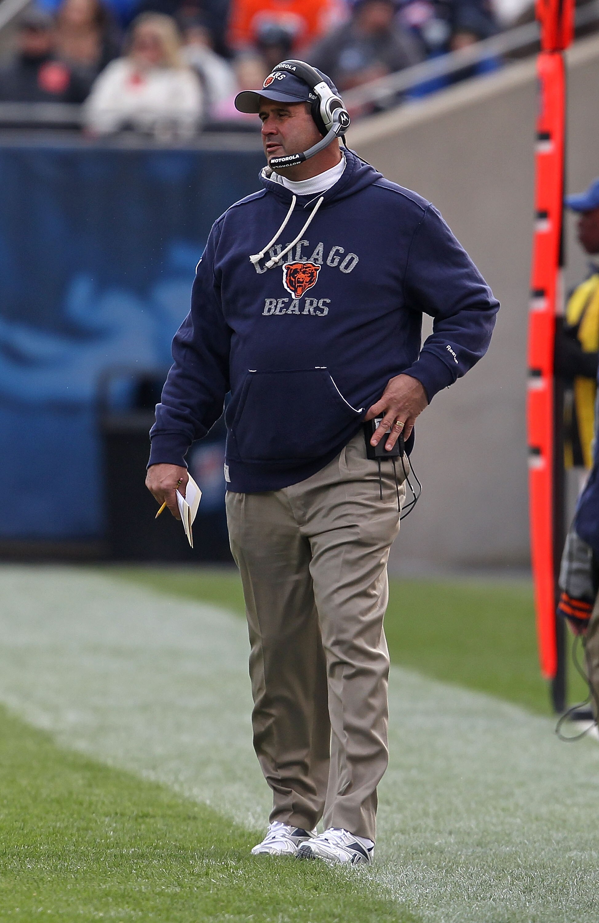 CHICAGO - NOVEMBER 14: Offensive line coach Mike Tice of the Chicago Bears watches as his team takes on the Minnesota Vikings at Soldier Field on November 14, 2010 in Chicago, Illinois. The Bears defeated the Vikings 27-13. (Photo by Jonathan Daniel/Getty