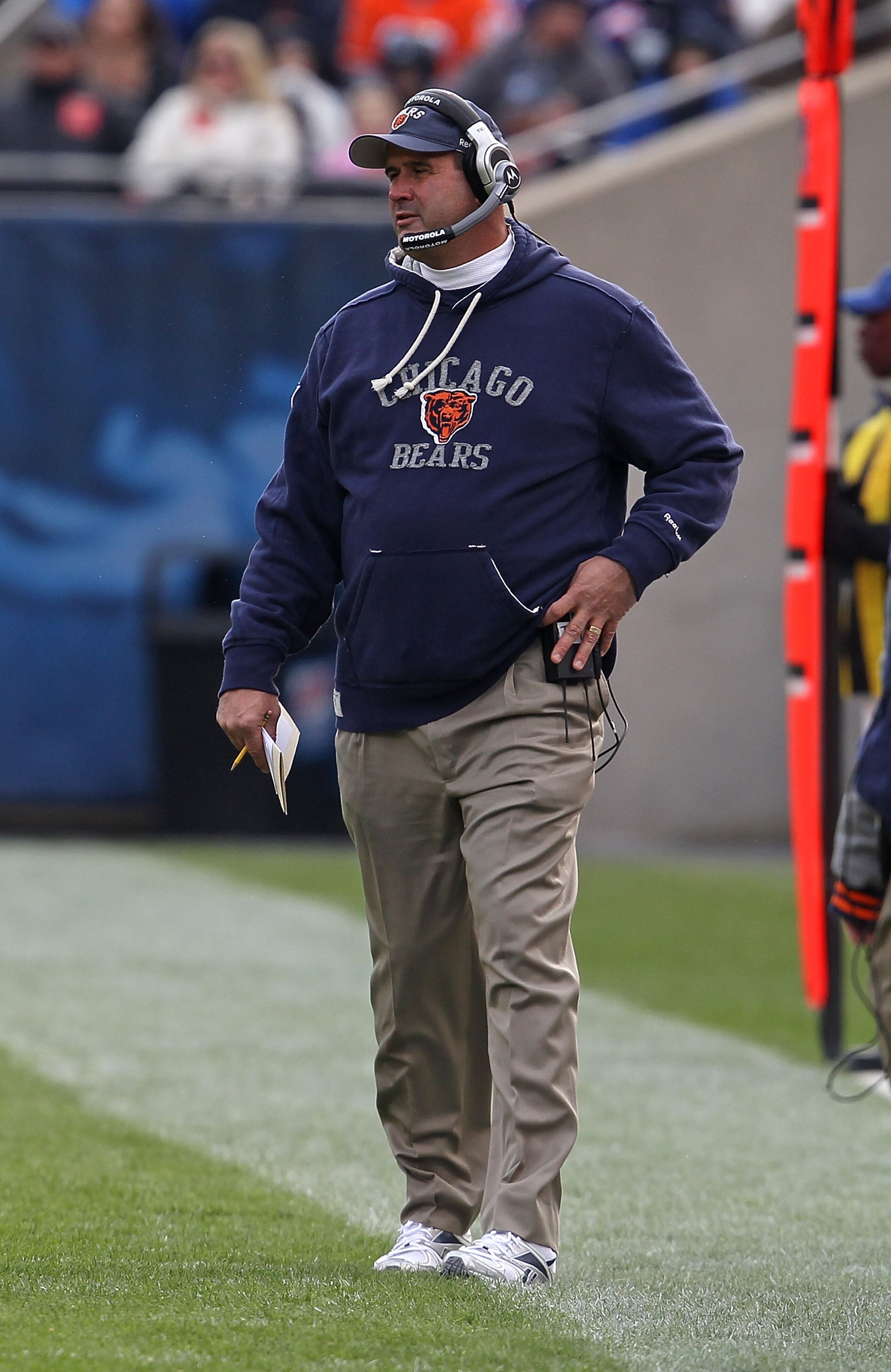 CHICAGO - NOVEMBER 14: Offensive line coach Mike Tice of the Chicago Bears watches as his team takes on the Minnesota Vikings at Soldier Field on November 14, 2010 in Chicago, Illinois. The Bears defeated the Vikings 27-13. (Photo by Jonathan Daniel/Getty