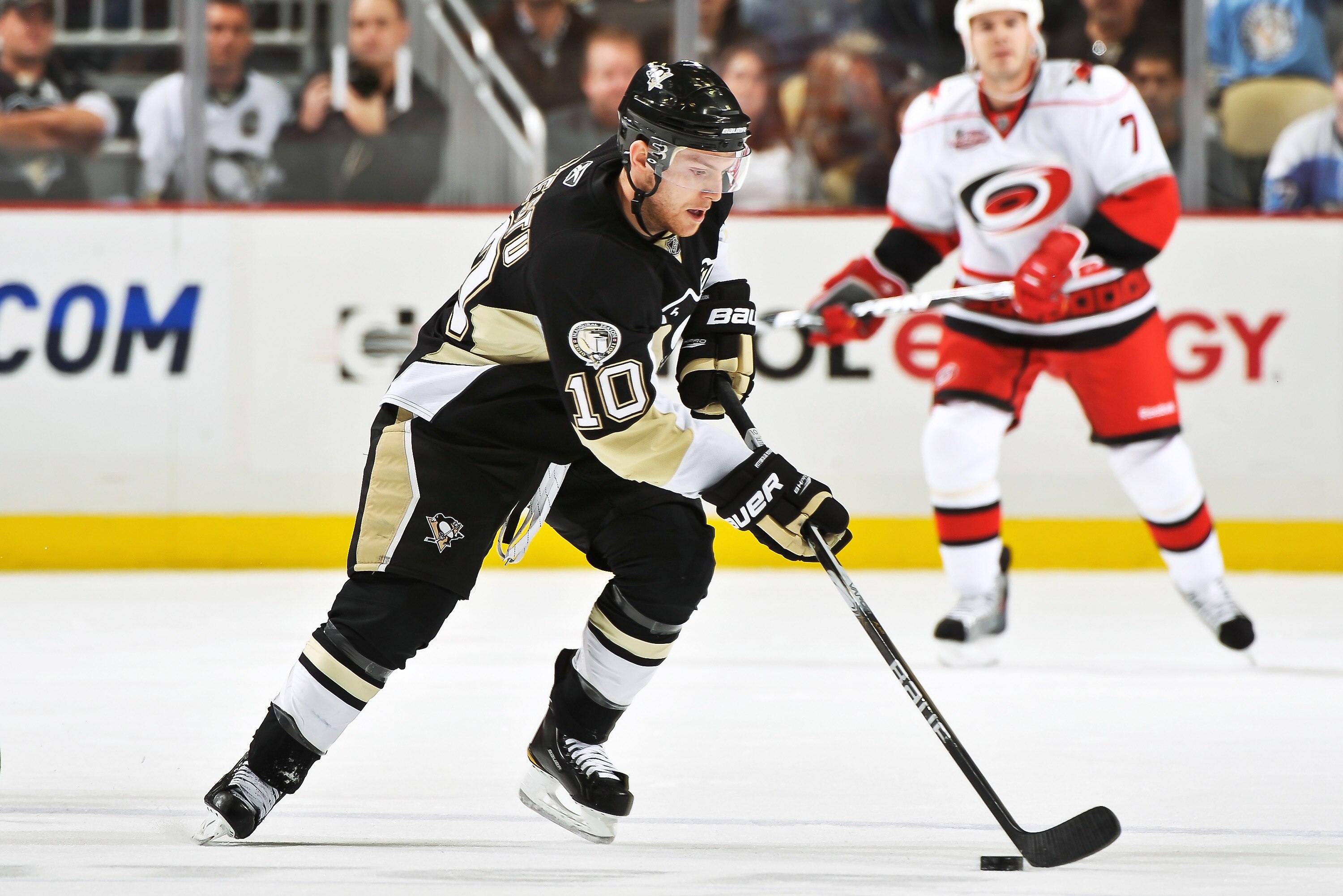 PITTSBURGH - NOVEMBER 19:  Mark Letestu #10 of the Pittsburgh Penguins skates with the puck against the Carolina Hurricanes on November 19, 2010 at Consol Energy Center in Pittsburgh, Pennsylvania.  (Photo by Jamie Sabau/Getty Images)