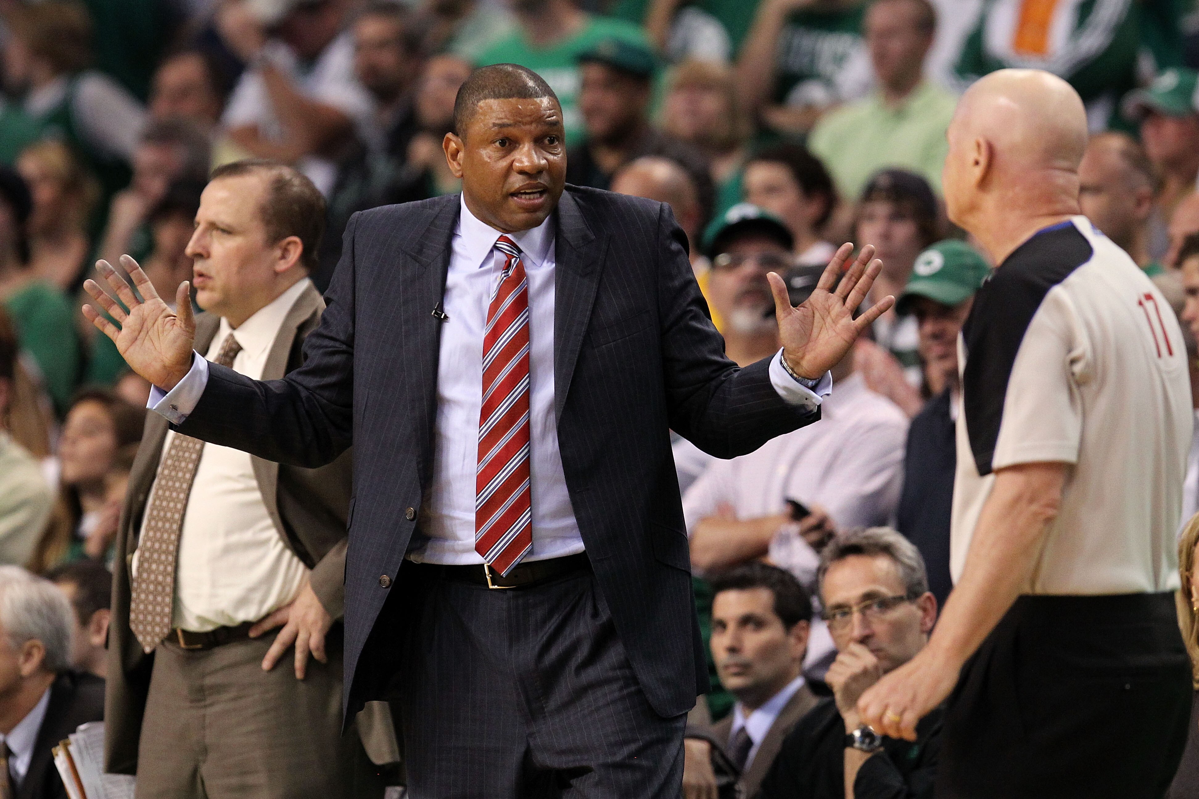 BOSTON - JUNE 13:  Head coach Doc Rivers of the Boston Celtics reacts towards referee Joey Crawford in the second half against the Los Angeles Lakers during Game Five of the 2010 NBA Finals on June 13, 2010 at TD Garden in Boston, Massachusetts. NOTE TO U