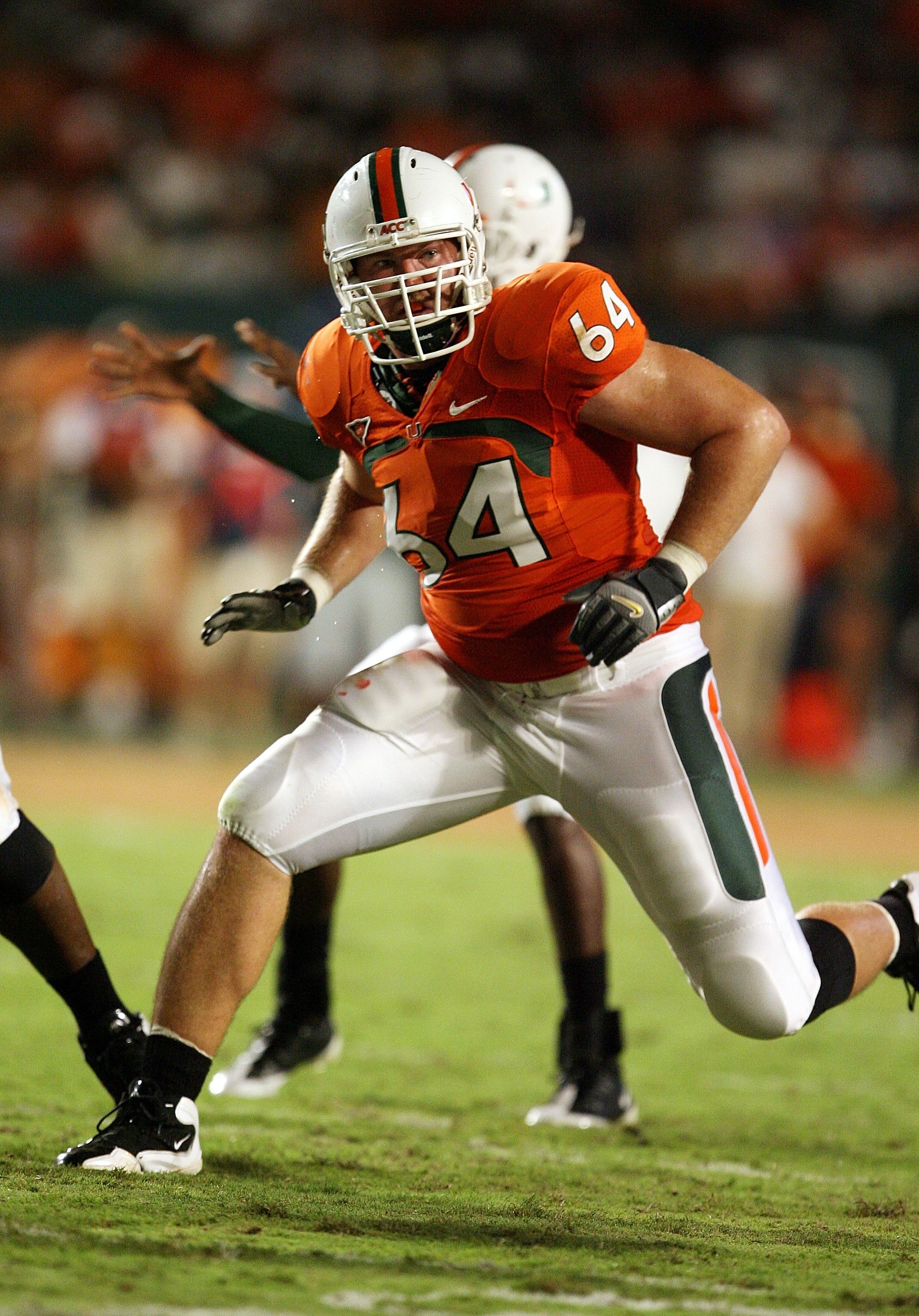 MIAMI GARDENS, FL - SEPTEMBER 17:  Offensive lineman Jason Fox #64 of the Miami Hurricanes drops back to pass block while taking on the Georgia Tech Yellow Jackets at Land Shark Stadium on September 17, 2009 in Miami Gardens, Florida. Miami defeated Georg