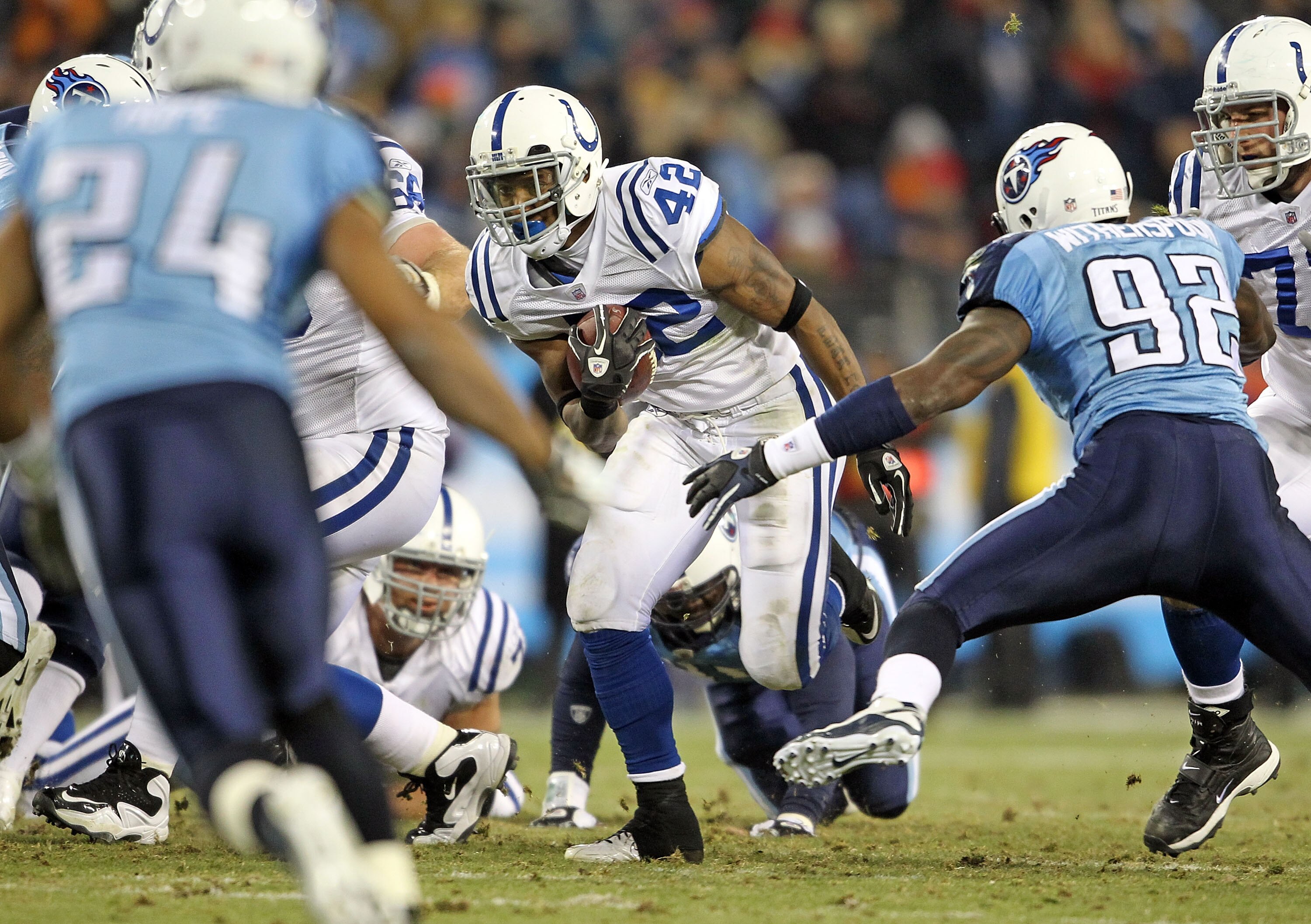 NASHVILLE, TN - DECEMBER 09:  Javarris James #42 of the Indianapolis Colts runs with the ball during the NFL game against the Tennessee Titans  at LP Field on December 9, 2010 in Nashville, Tennessee.  (Photo by Andy Lyons/Getty Images)