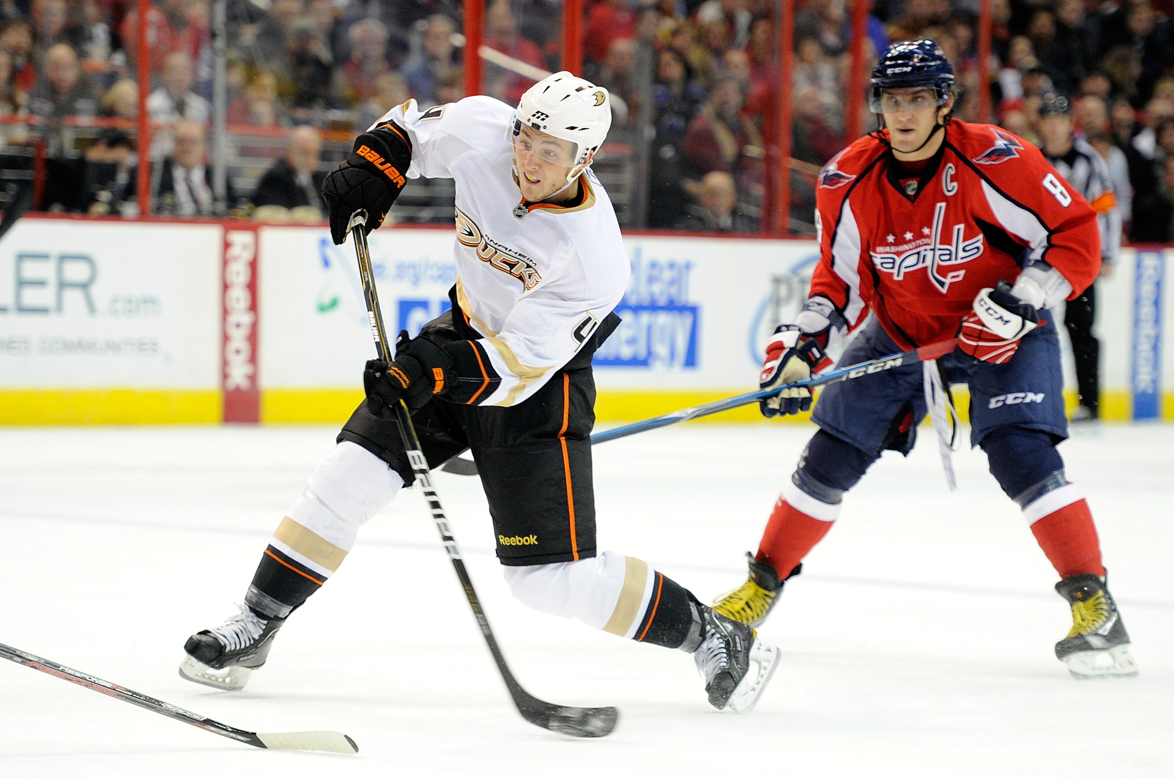 WASHINGTON, DC - DECEMBER 15: Cam Fowler #4 of the Anaheim Ducks shoots the puck in front of Alex Ovechkin #8 of the Washington Capitals at the Verizon Center on December 15, 2010 in Washington, DC. (Photo by Greg Fiume/Getty Images) WASHINGTON, DC - DECEMBER 15: Cam Fowler #4 of the Anaheim Ducks shoots the puck in front of Alex Ovechkin #8 of the Washington Capitals at the Verizon Center on December 15, 2010 in Washington, DC. (Photo by Greg Fiume/Getty Images)