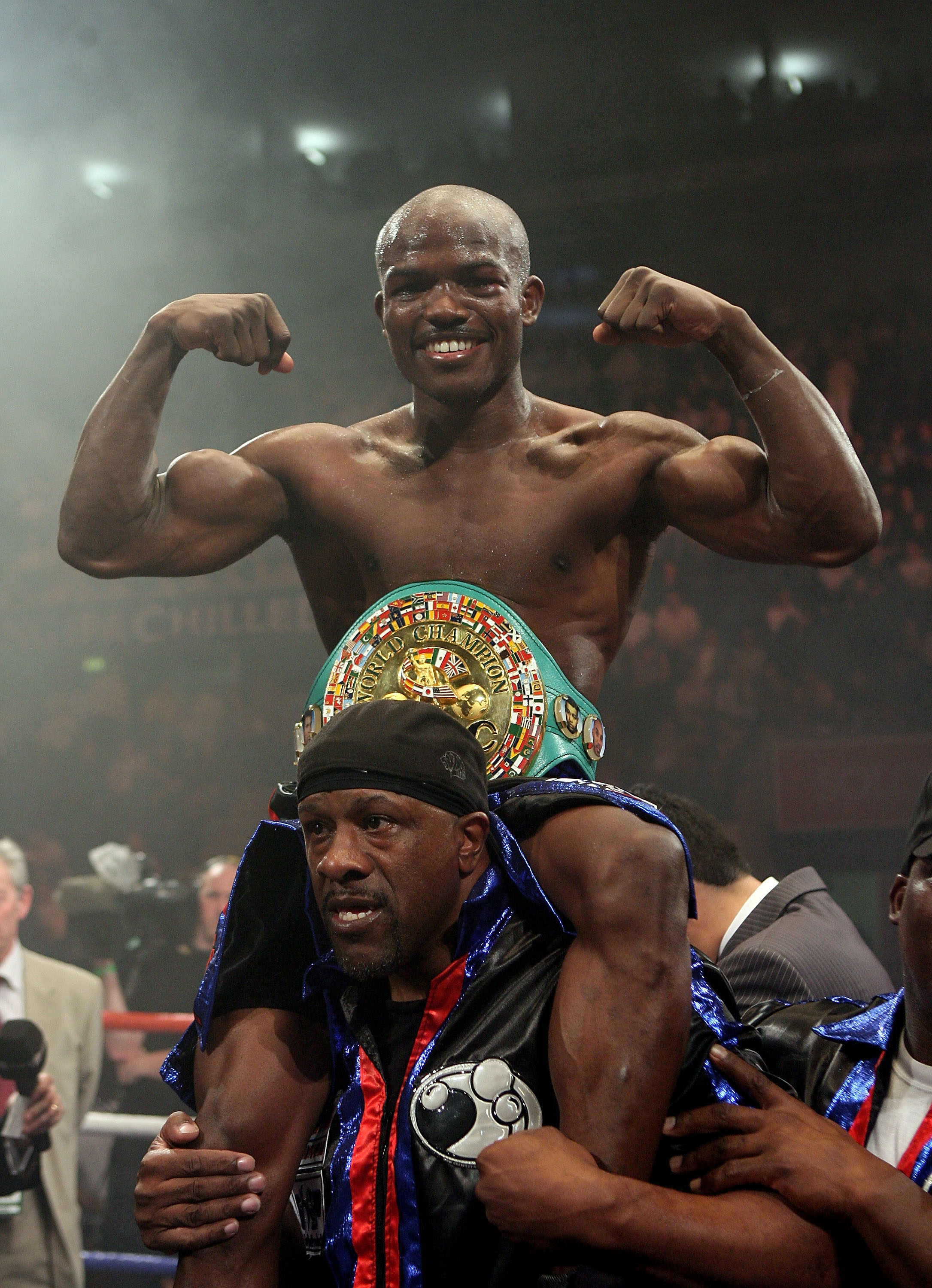 NOTTINGHAM, ENGLAND - MAY 10:  Timothy Bradley celebrates his win against Junior Witter for the WBC Light Welterweight fight on May 10, 2008 at Nottingham Ice Arena in Nottingham, England. (Photo by John Gichigi/Getty Images)