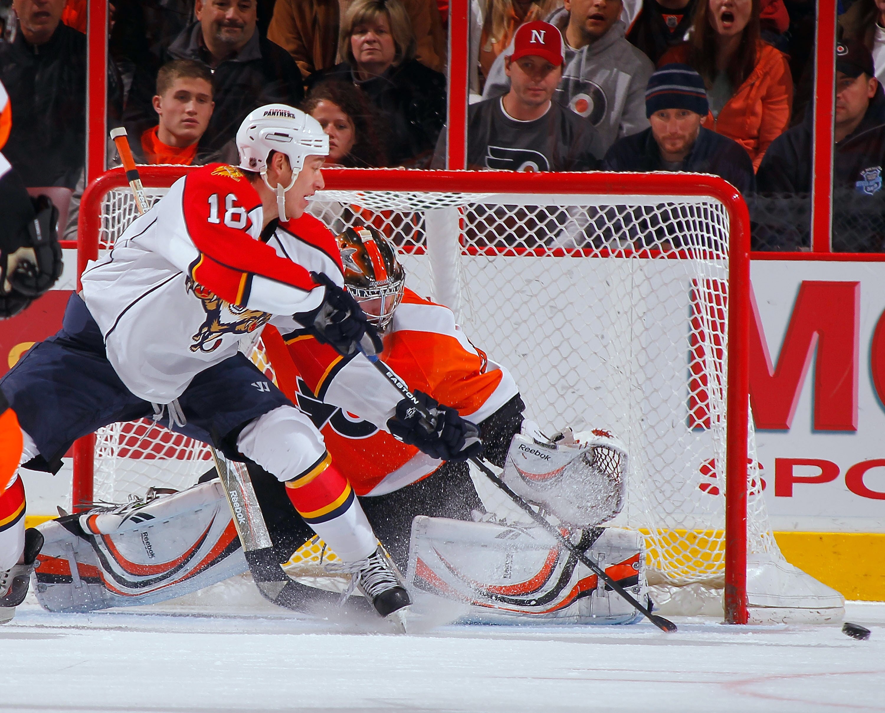 PHILADELPHIA, PA - DECEMBER 20:  Shawn Matthias #18 of the Florida Panthers has his shot go wide of the net as he tried to score on goalie Sergei Bobrovsky #35 of the Philadelphia Flyers during the second period of a hockey game at the Wells Fargo Center