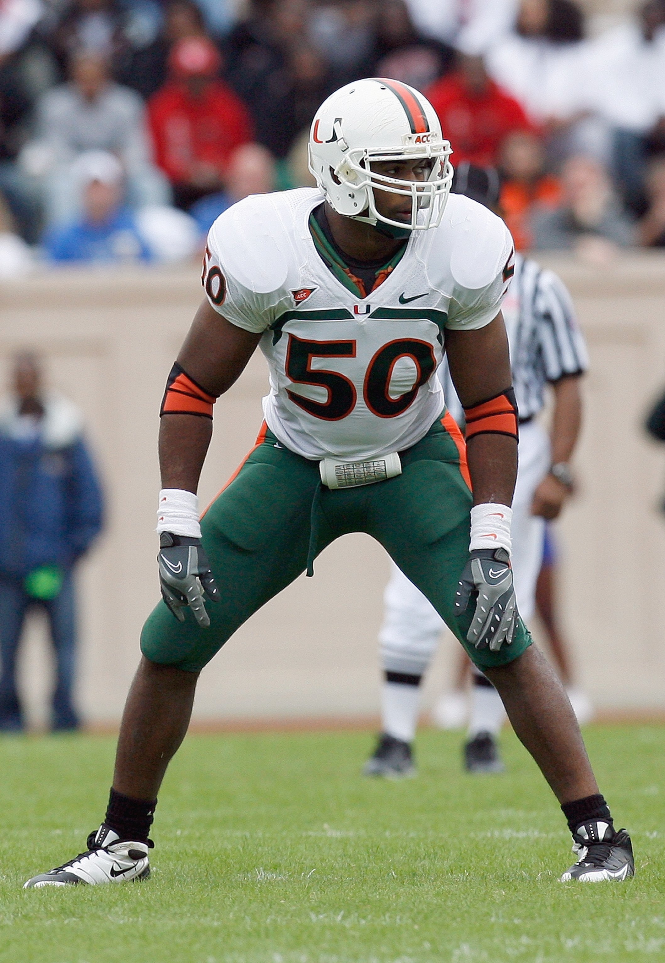 DURHAM, NC - OCTOBER 18:  Darryl Sharpton #50 of the Miami Hurricanes stands on the field during the game against the Duke Blue Devils at Wallace Wade Stadium on October 18, 2008 in Durham, North Carolina.  (Photo by Kevin C. Cox/Getty Images)