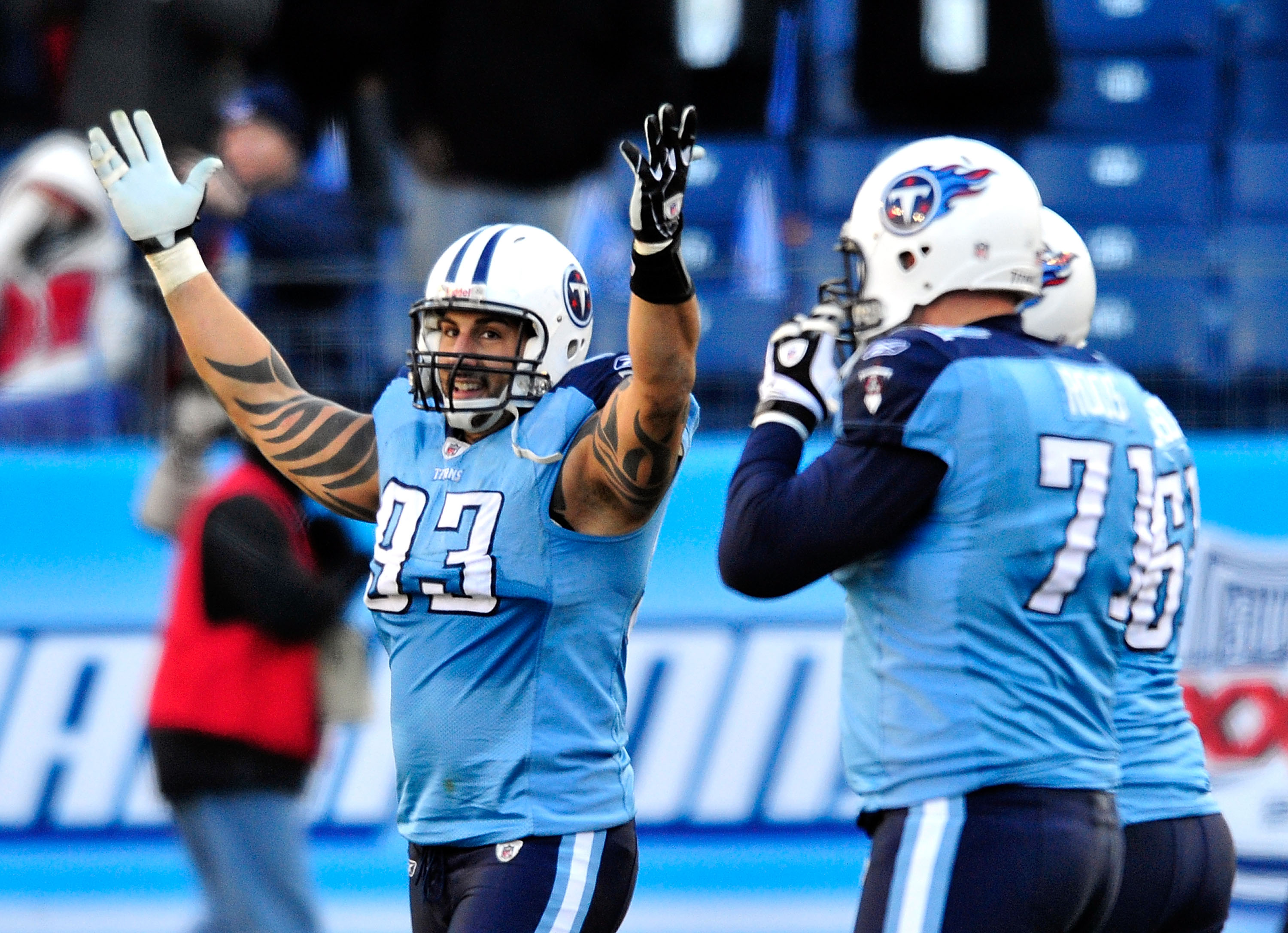 NASHVILLE, TN - DECEMBER 19:  Jason Babin #93 of the Tennessee Titans celebrates after a defensive stop against the Houston Texans to seal the win at LP Field on December 19, 2010 in Nashville, Tennessee. The Titans defeated the Texans, 31-17.  (Photo by