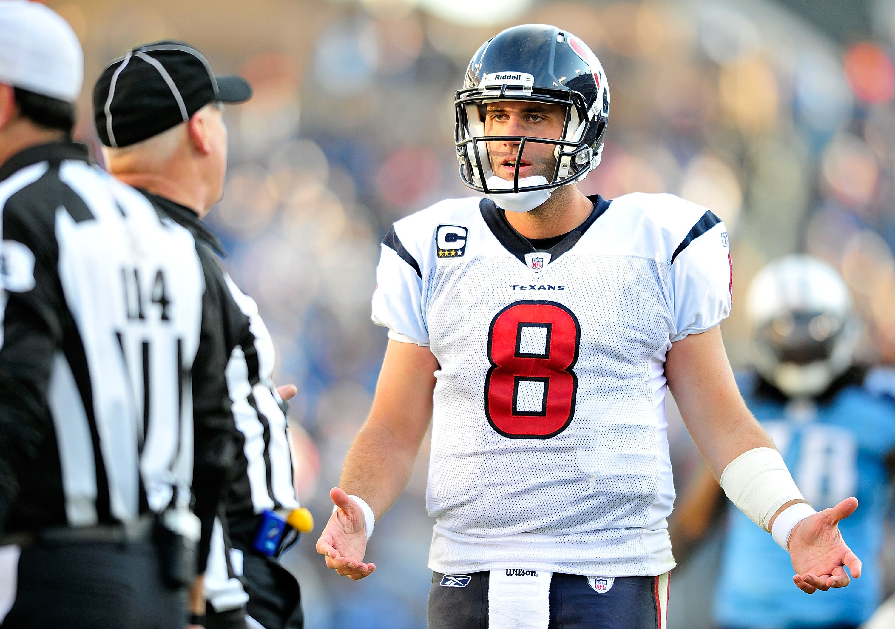 NASHVILLE, TN - DECEMBER 19:  Quarterback Matt Schaub #8 of the Houston Texans appeals to the officials after a being called for a penalty against the Tennessee Titans  at LP Field on December 19, 2010 in Nashville, Tennessee. The Titans defeated the Texa