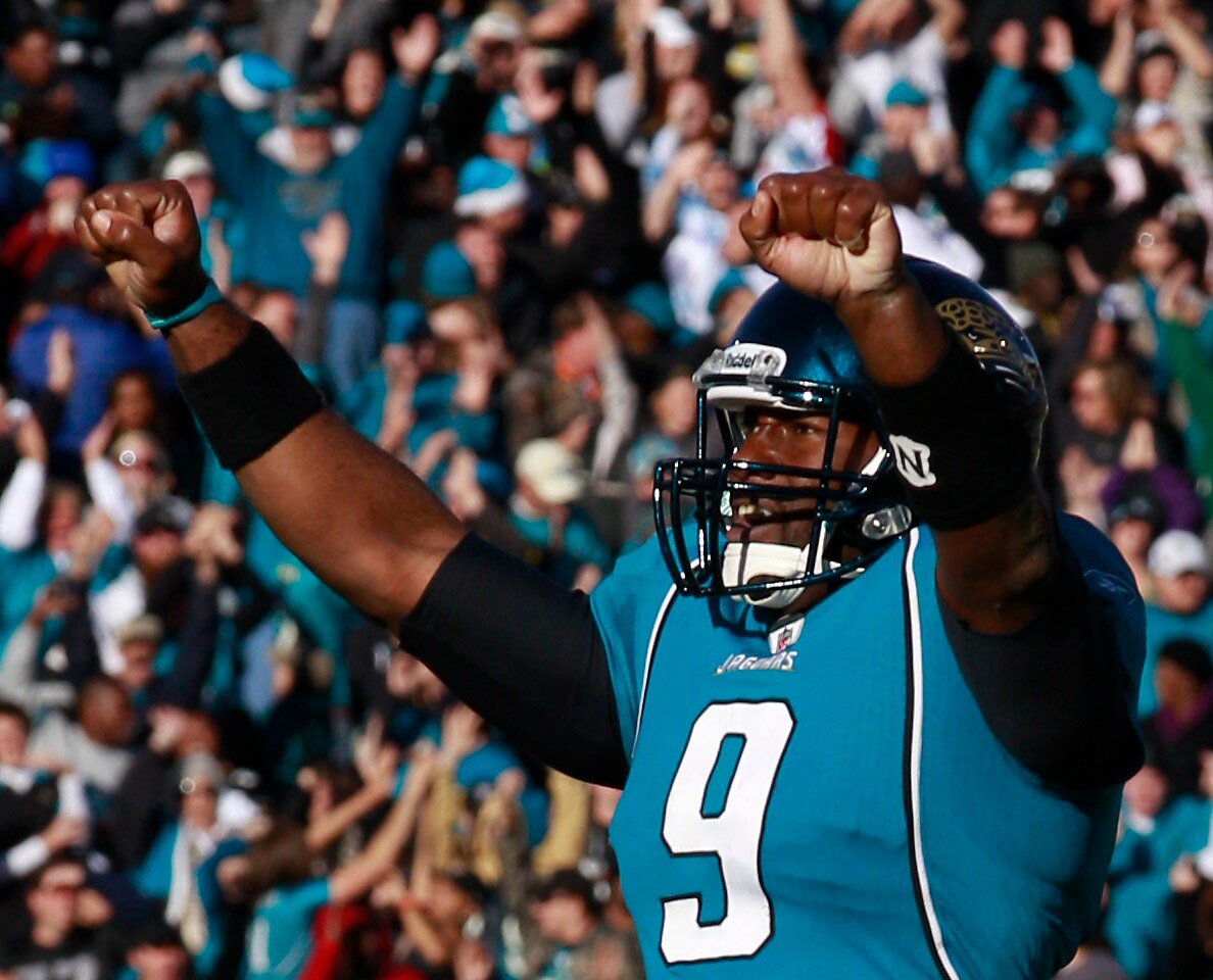 JACKSONVILLE, FL - DECEMBER 12:  Quarterback David Garrard #9 of the Jacksonville Jaguars celebrates following the game against the Oakland Raiders at EverBank Field on December 12, 2010 in Jacksonville, Florida.  (Photo by Sam Greenwood/Getty Images)