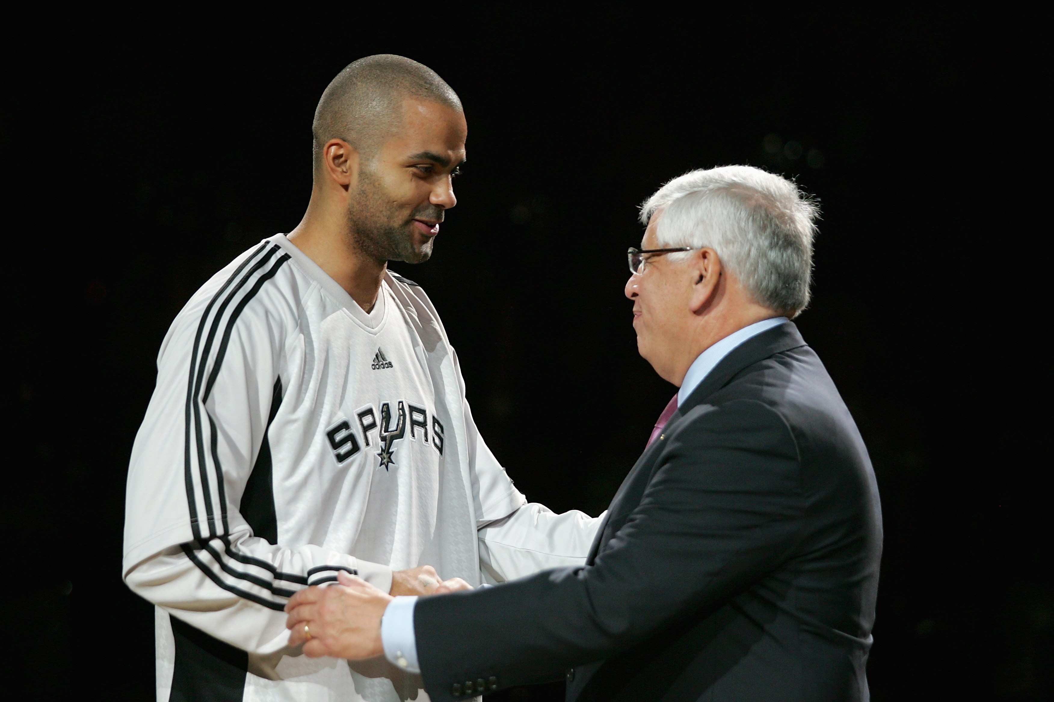 SAN ANTONIO - OCTOBER 30:  Tony Parker #9 of the San Antonio Spurs greets NBA Commissioner David Stern as he receives his championship ring before the game against the Portland Trail Blazers on October 30, 2007 at AT&T Center in San Antonio, Texas.  NOTE