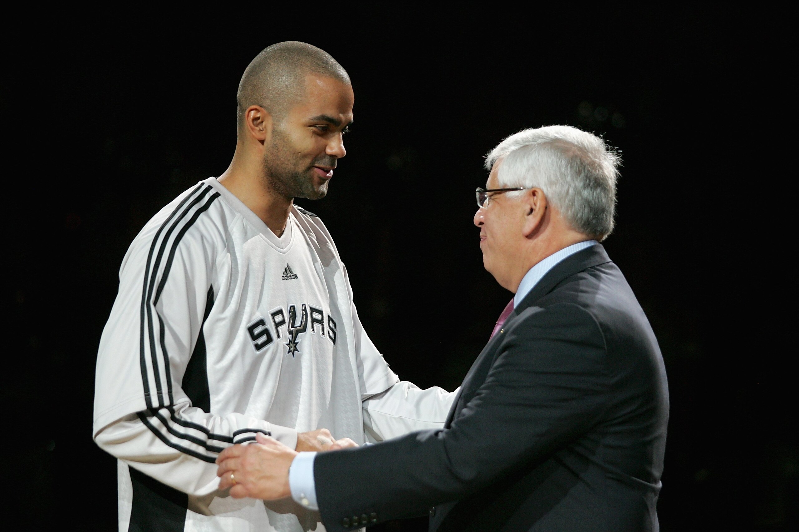 SAN ANTONIO - OCTOBER 30:  Tony Parker #9 of the San Antonio Spurs greets NBA Commissioner David Stern as he receives his championship ring before the game against the Portland Trail Blazers on October 30, 2007 at AT&T Center in San Antonio, Texas.  NOTE