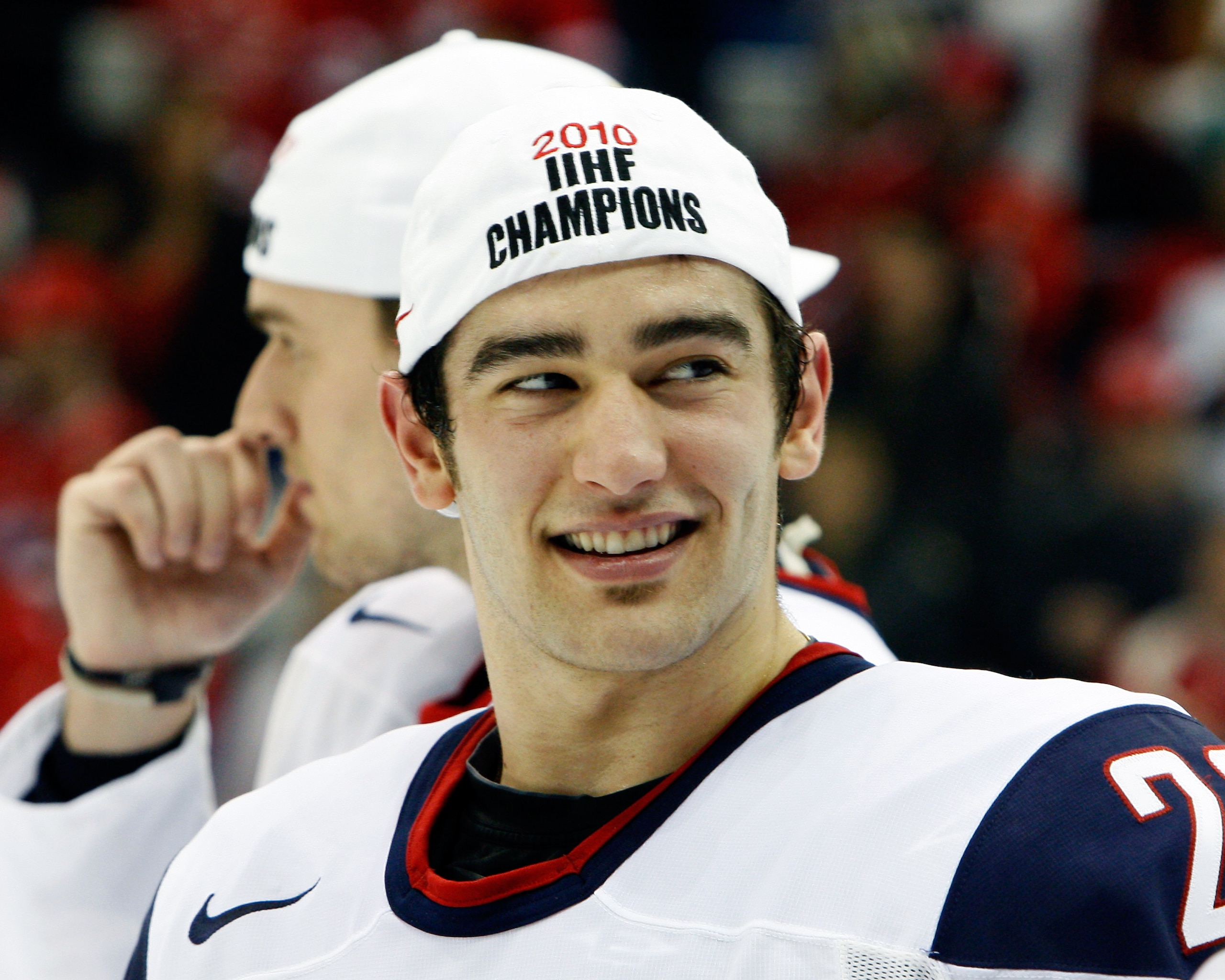 SASKATOON, SK - JANUARY 5:  Jerry D'Amigo #29 of Team USA wears the 2010 IIHF Champions hat after defeating Team Canada 6-5 in overtime at the 2010 IIHF World Junior Championship Tournament Gold Medal game on January 5, 2010 at the Credit Union Centre in