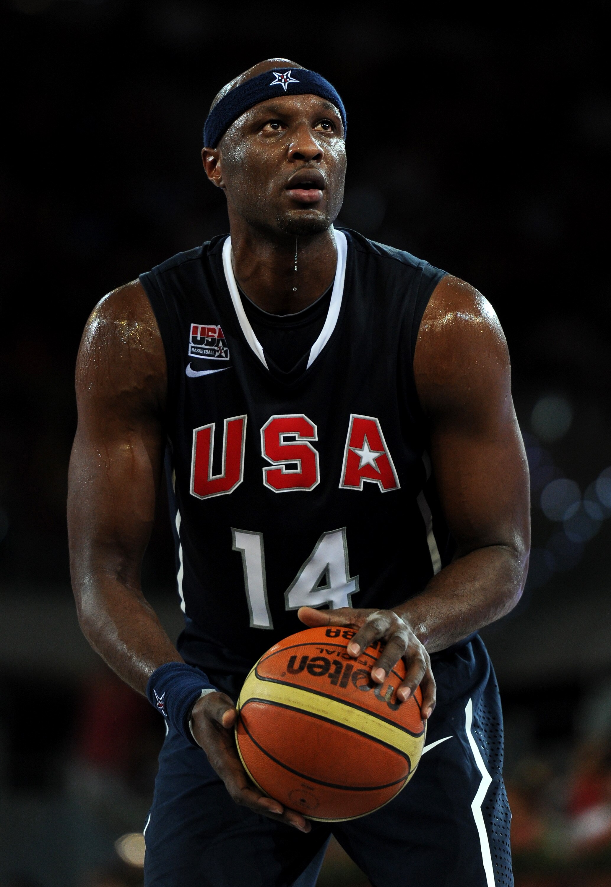 MADRID, SPAIN - AUGUST 22:  Lamar Odom of the USA concentrates on a free throw during a friendly basketball game between Spain and the USA at La Caja Magica on August 22, 2010 in Madrid, Spain.  (Photo by Jasper Juinen/Getty Images)