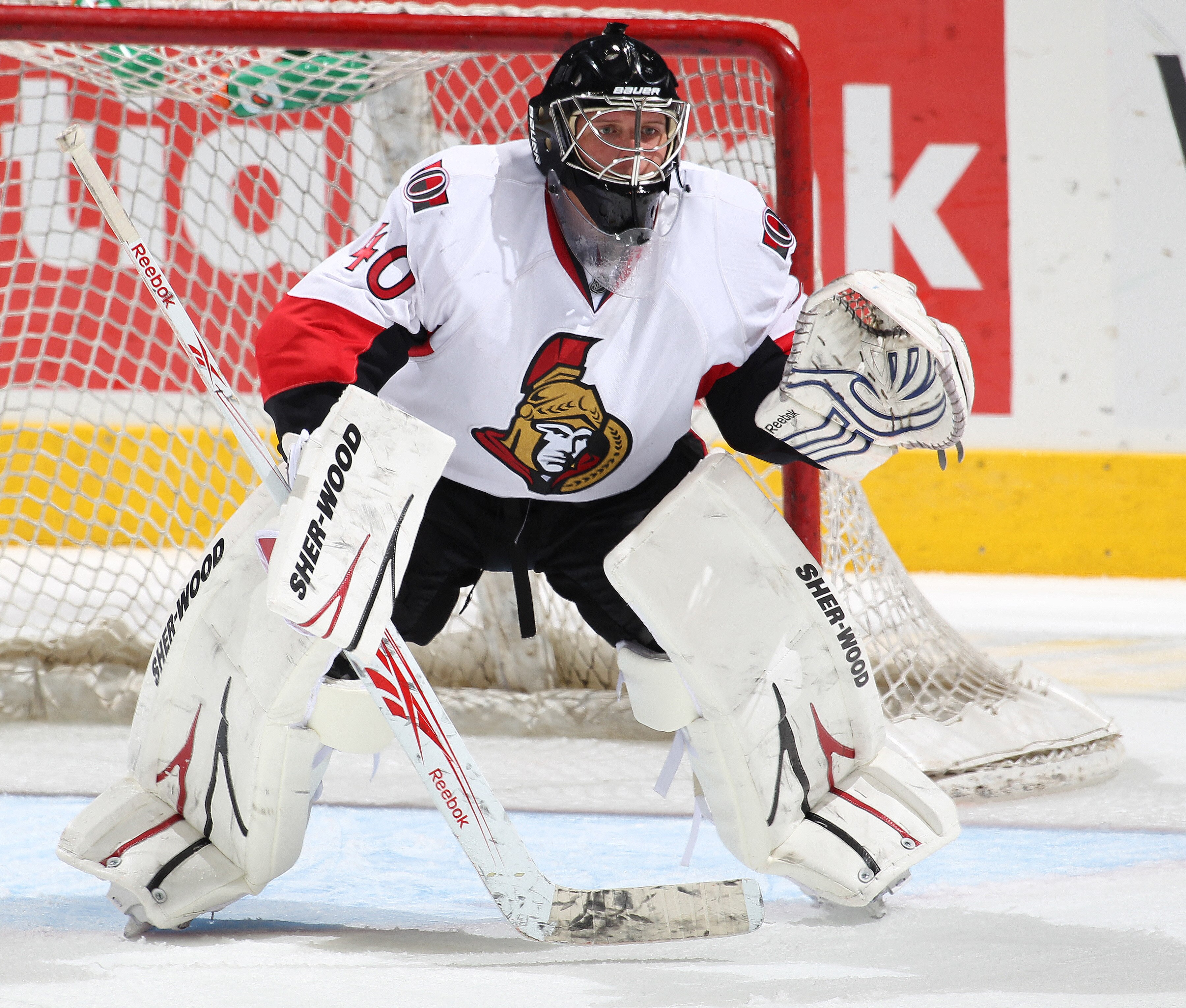 LONDON, CANADA - SEPTEMBER 11:  Robin Lehner #40 of the Ottawa Senators waits for a shot in a game against the Pittsburgh Penguins during the NHL Rookie Tournament on September 11, 2010 at the John Labatt Centre in London,Ontario. The Penguins defeated th