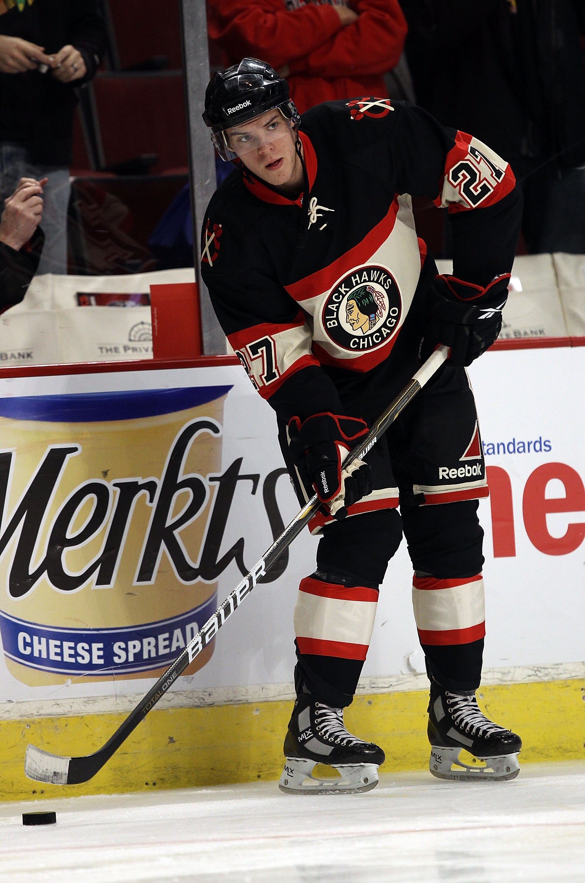 CHICAGO, IL - DECEMBER 08: Jeremy Morin #27 of the Chicago Blackhawks skates during warm-ups before a game against the Dallas Stars at the United Center on December 8, 2010 in Chicago, Illinois.  (Photo by Jonathan Daniel/Getty Images)