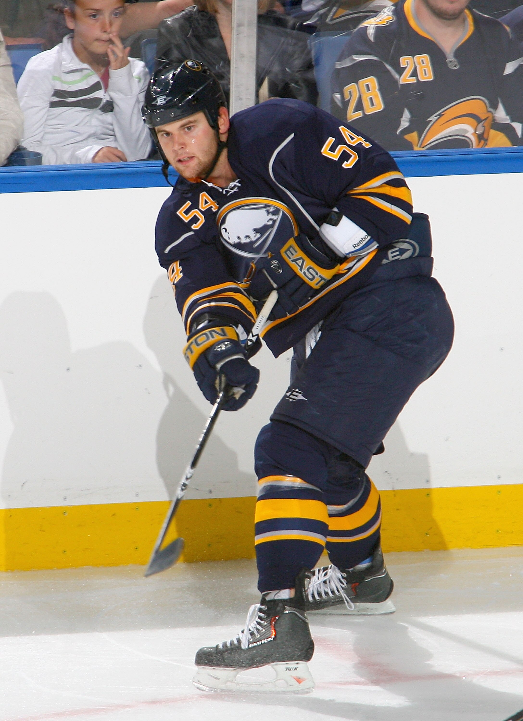 BUFFALO, NY - SEPTEMBER 25: Zack Kassian #54 of the Buffalo Sabres makes a pass against the Toronto Maple Leafs at HSBC Arena on September 25, 2010 in Buffalo, New York.  (Photo by Rick Stewart/Getty Images)