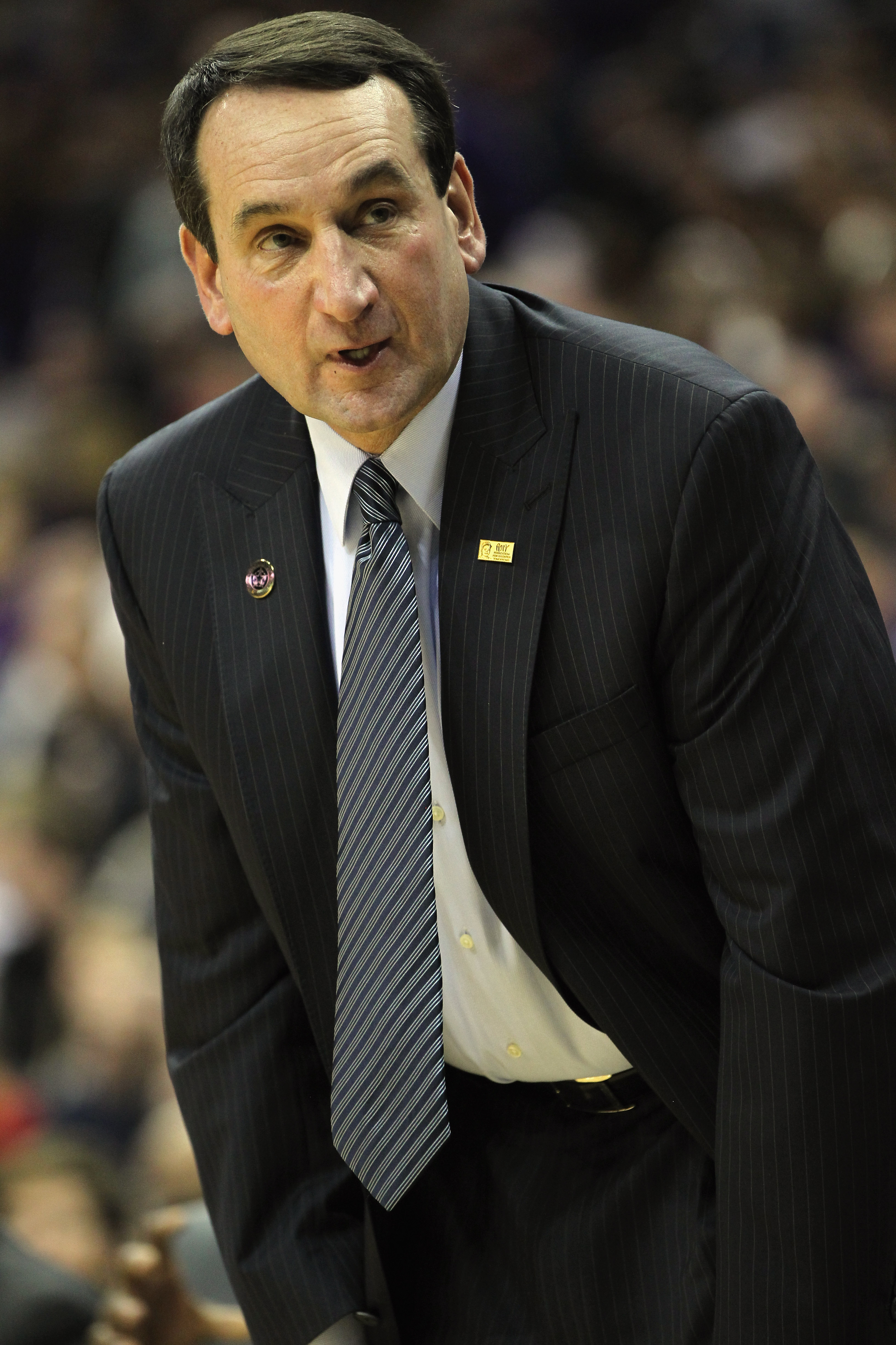 KANSAS CITY, MO - NOVEMBER 23:  Head coach Mike Krzyzewski of the Duke Blue Devils coaches from the bench during the CBE Classic championship game against the Kansas State Wildcats on November 23, 2010 at the Sprint Center in Kansas City, Missouri.  (Phot