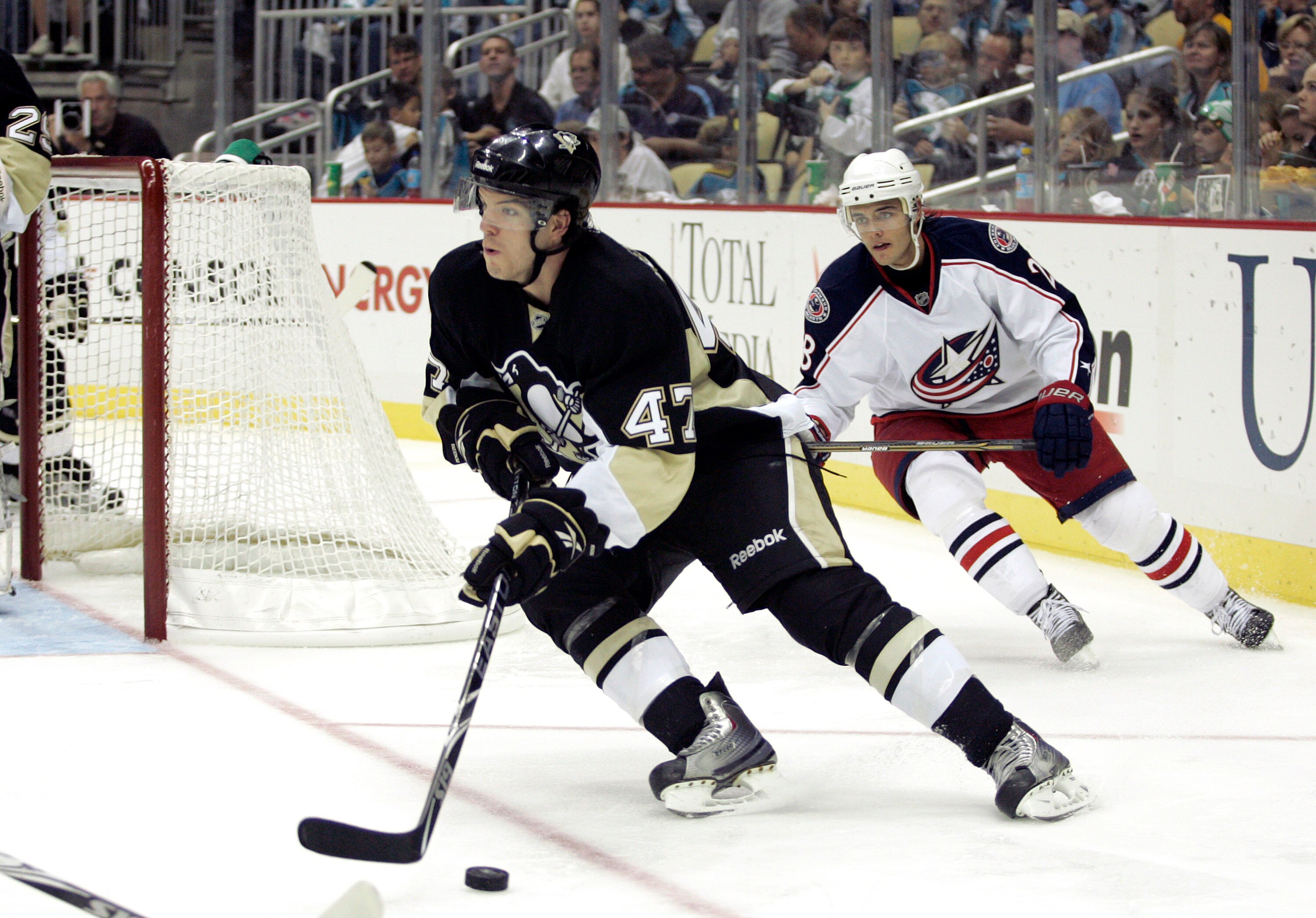PITTSBURGH - SEPTEMBER 25:  Simon Despres #47 of the Pittsburgh Penguins handles the puck against the Columbus Blue Jackets at Consol Energy Center on September 25, 2010 in Pittsburgh, Pennsylvania.  (Photo by Justin K. Aller/Getty Images)