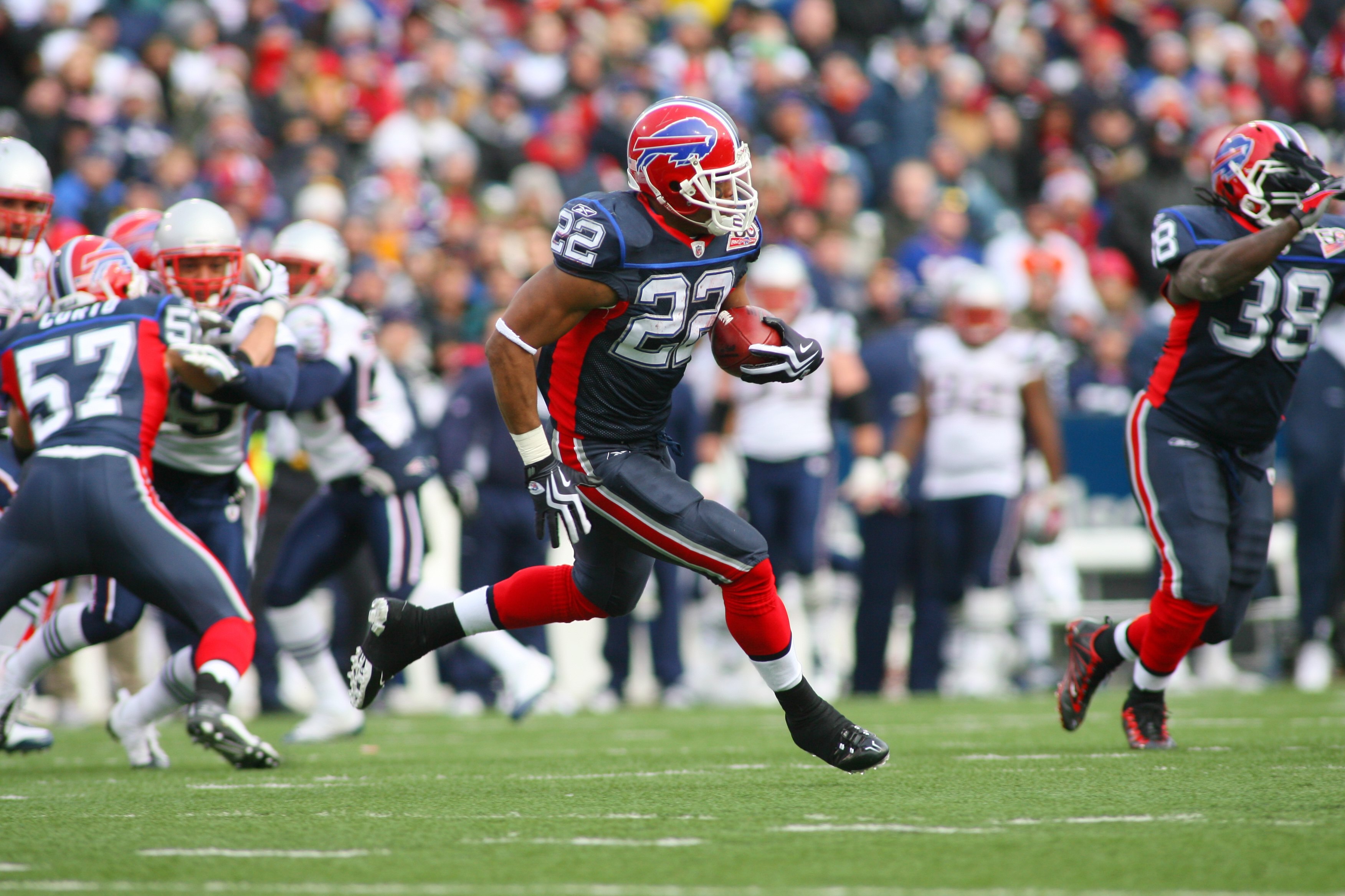 ORCHARD PARK, NY - DECEMBER 20: Fred Jackson #22 of the Buffalo Bills runs the ball against the New England Patriots during the game at Ralph Wilson Stadium on December 20, 2009 in Orchard Park, New York. (Photo by: Rick Stewart/Getty Images)