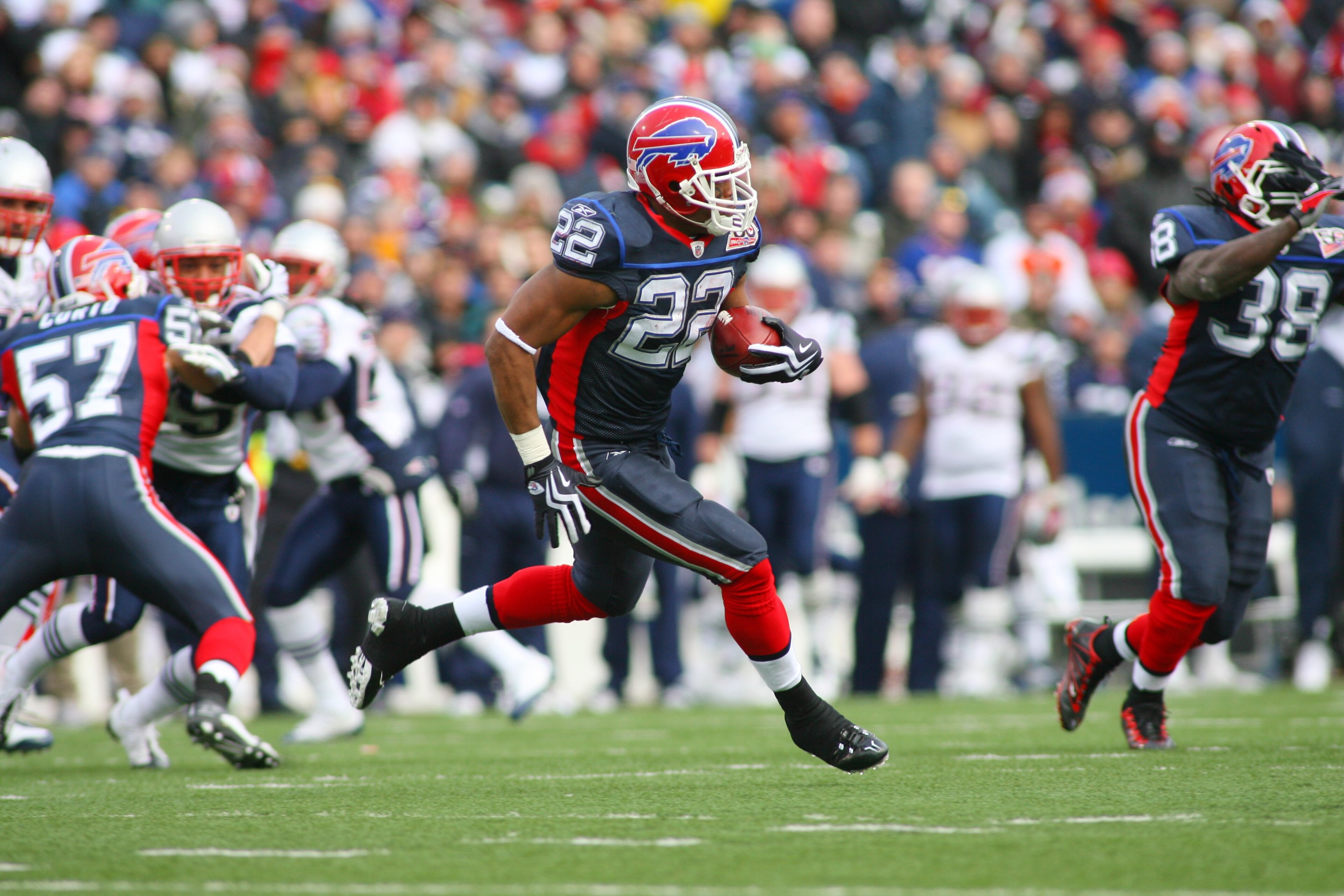ORCHARD PARK, NY - DECEMBER 20: Fred Jackson #22 of the Buffalo Bills runs the ball against the New England Patriots during the game at Ralph Wilson Stadium on December 20, 2009 in Orchard Park, New York. (Photo by: Rick Stewart/Getty Images)