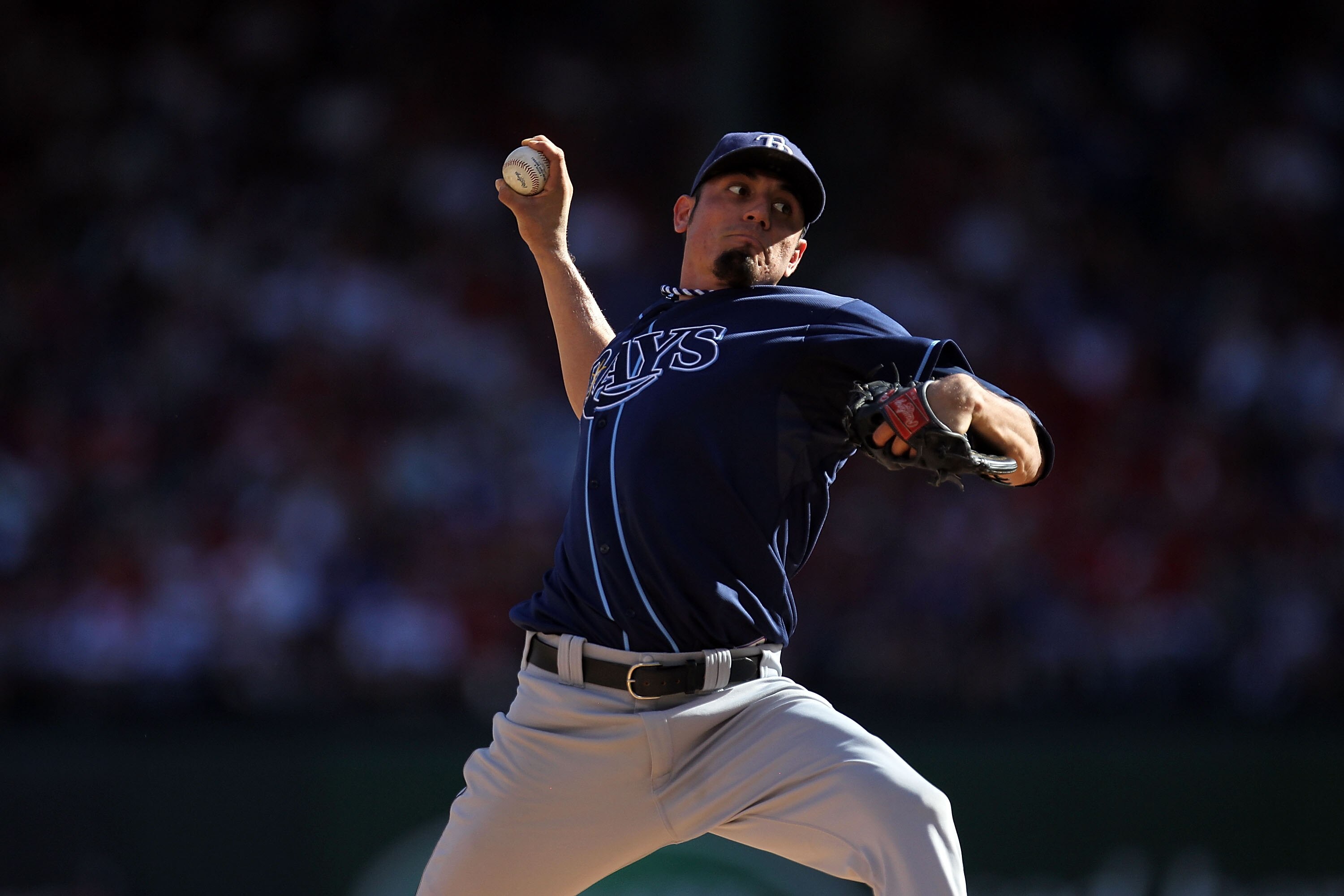 ARLINGTON, TX - OCTOBER 09:  Pitcher Matt Garza #22 of the Tampa Bay Rays throws against the Texas Rangers in the first inning during game 3 of the ALDS at Rangers Ballpark in Arlington on October 9, 2010 in Arlington, Texas.  (Photo by Ronald Martinez/Ge