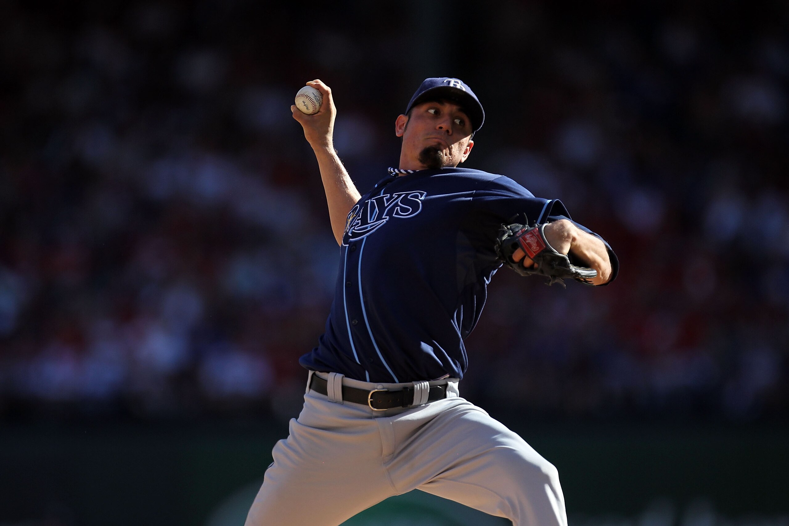 ARLINGTON, TX - OCTOBER 09:  Pitcher Matt Garza #22 of the Tampa Bay Rays throws against the Texas Rangers in the first inning during game 3 of the ALDS at Rangers Ballpark in Arlington on October 9, 2010 in Arlington, Texas.  (Photo by Ronald Martinez/Ge
