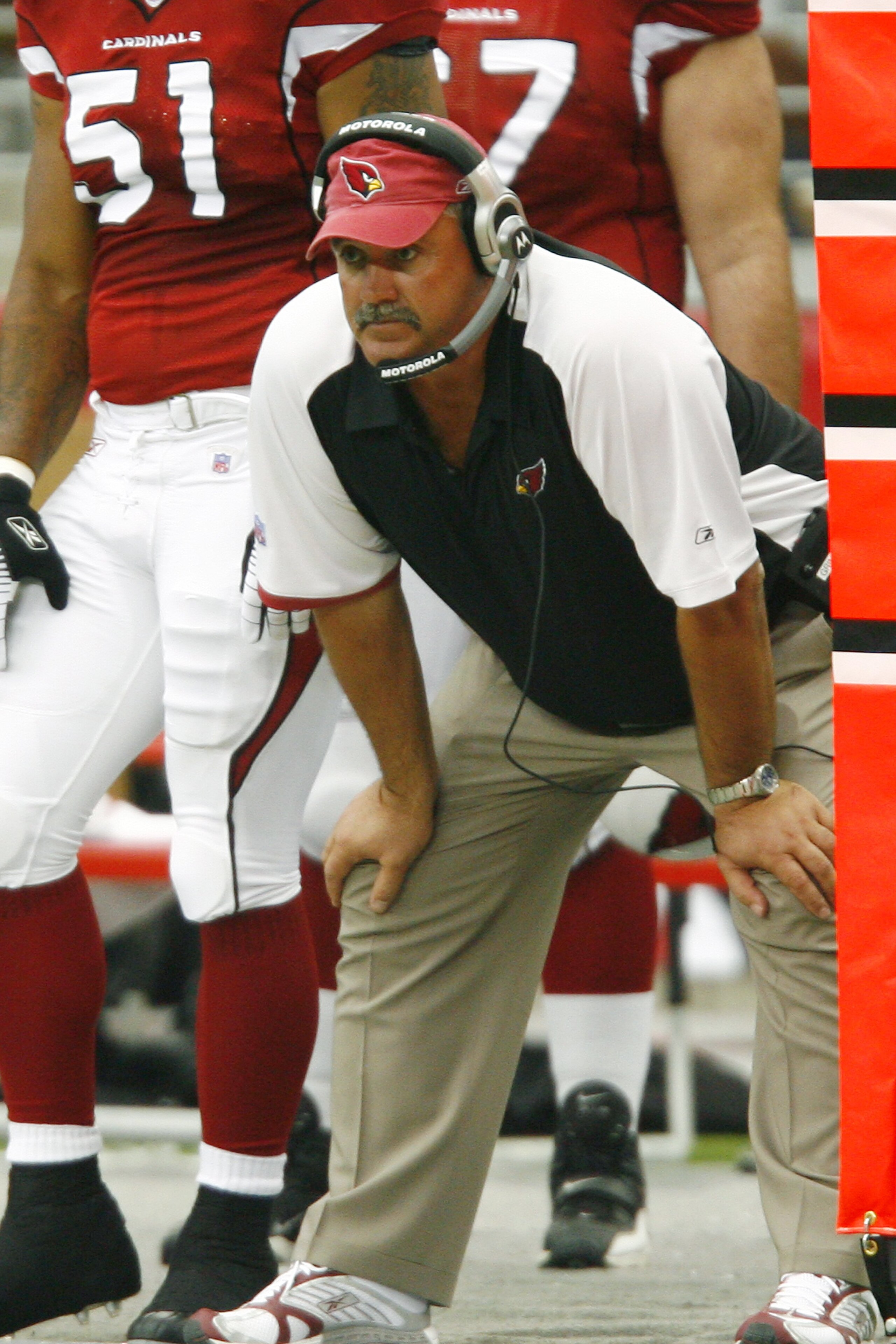 GLENDALE, AZ - SEPTEMBER 30:  Offensive line coach Russ Grimm of the Arizona Cardinals watches from sideline during a 21-14 win over the Pittsburgh Steelers at University of Phoenix Stadium on September 30, 2007 in Glendale, Arizona.  (Photo by Kevin Terr