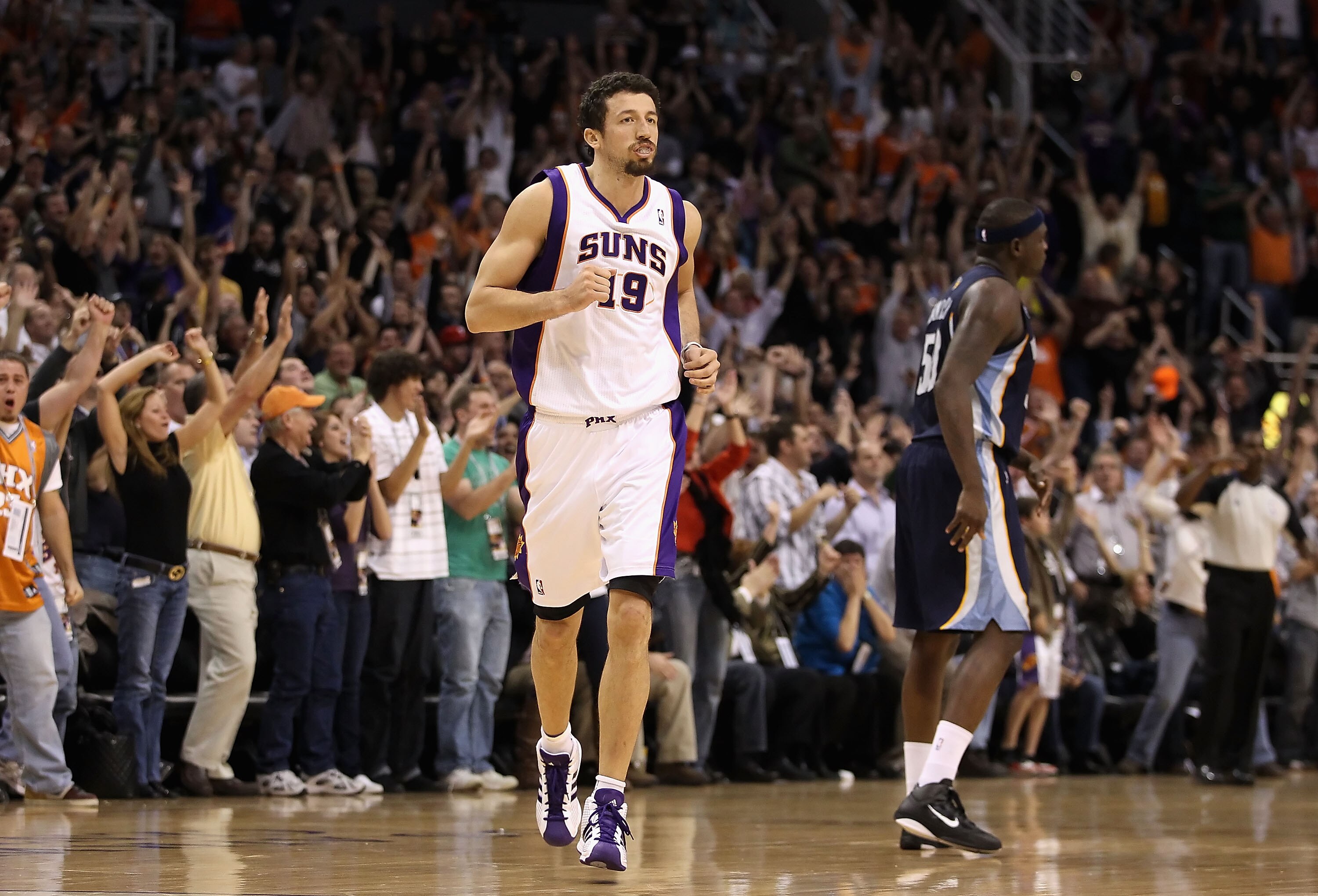 PHOENIX - DECEMBER 08:  Hedo Turkoglu #19 of the Phoenix Suns reacts after hitting a three point shot during the NBA game against the Memphis Grizzlies at US Airways Center on December 8, 2010 in Phoenix, Arizona. NOTE TO USER: User expressly acknowledges