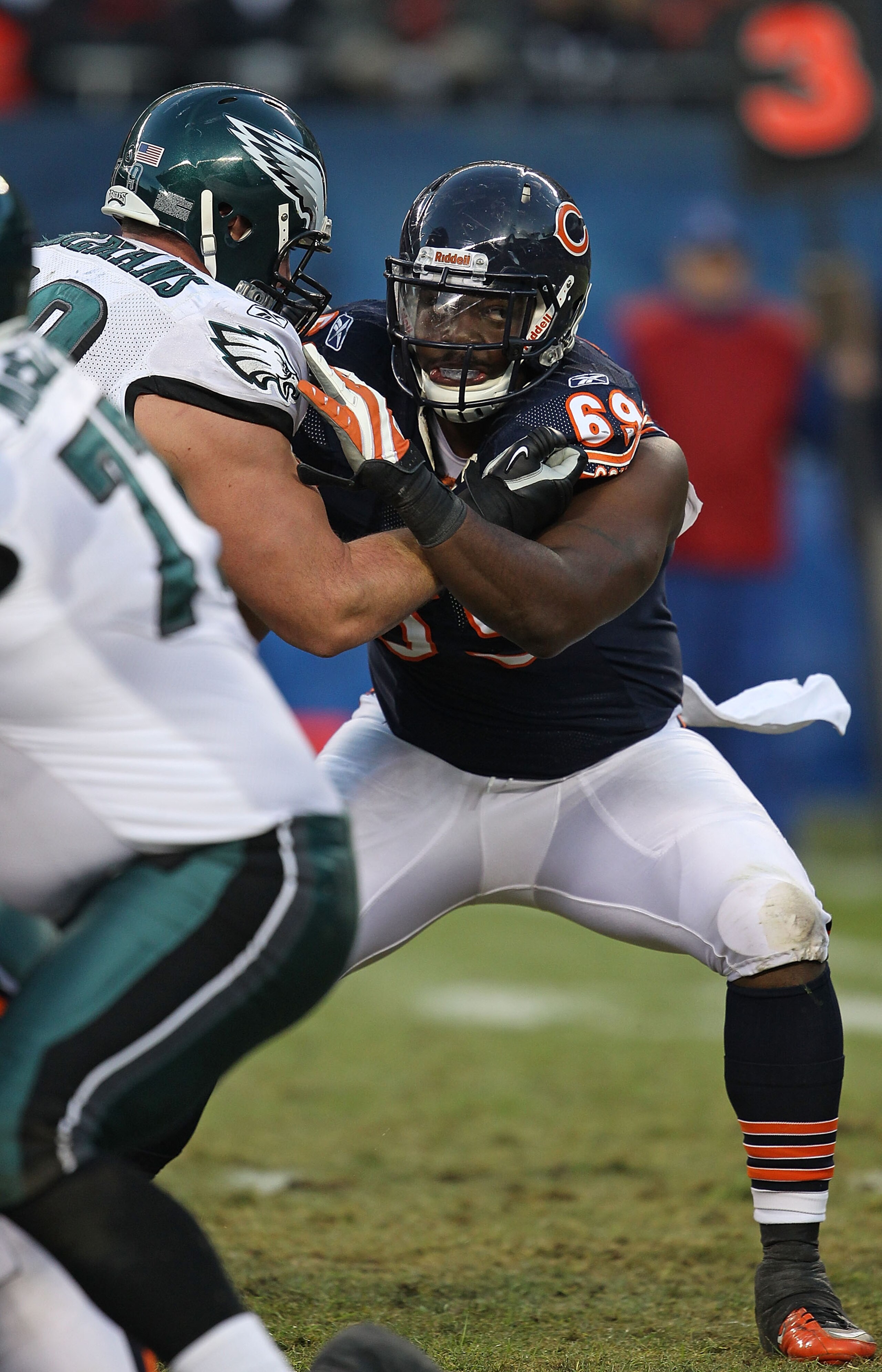 CHICAGO - NOVEMBER 28: Henry Melton #69 of the Chicago Bears rushes against against Todd Herremans #79 of the Philadelphia Eagles at Soldier Field on November 28, 2010 in Chicago, Illinois. The Bears defeated the Eagles 31-26. (Photo by Jonathan Daniel/Ge