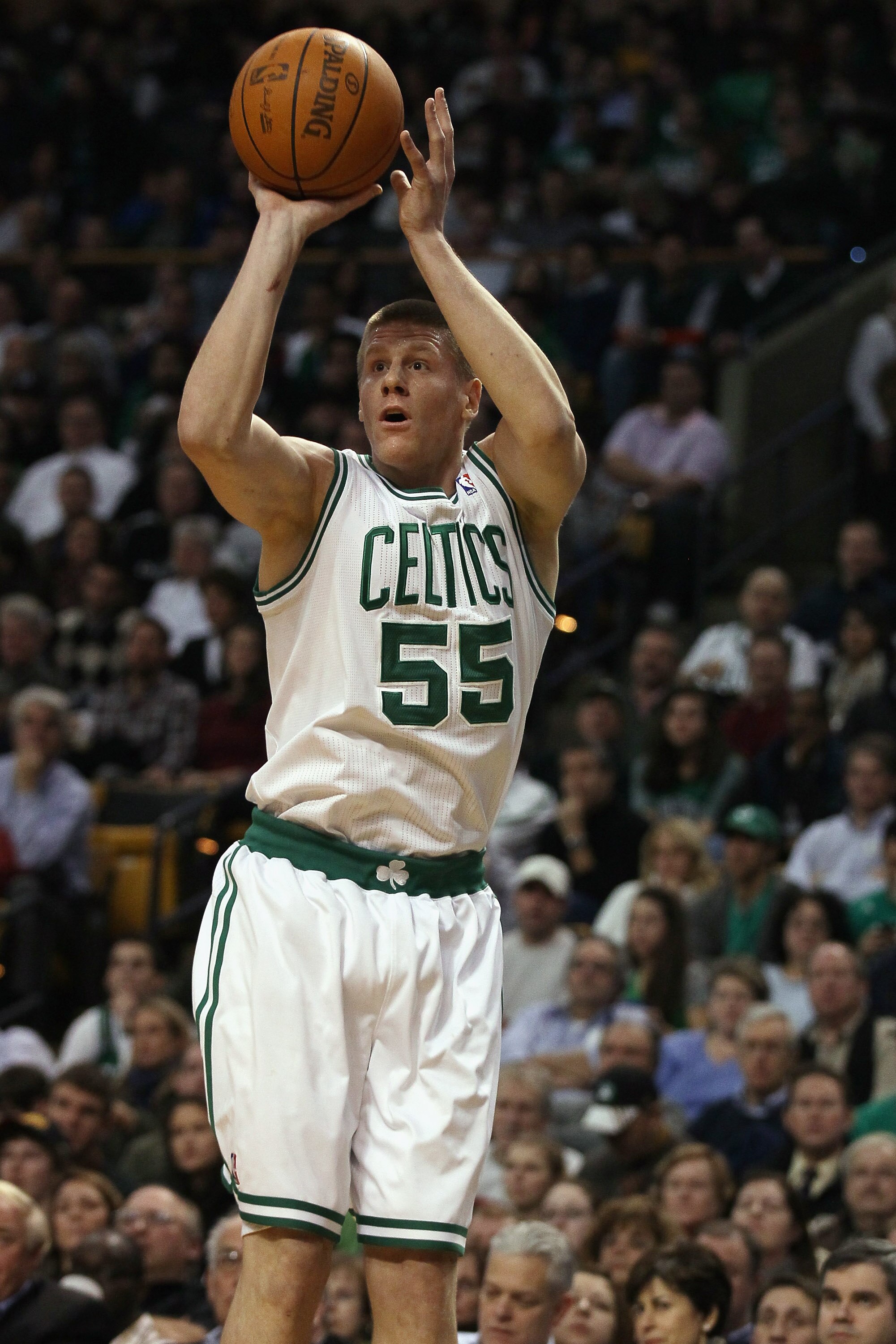 BOSTON, MA - DECEMBER 16: Luke Harangody #55 of the Boston Celtics takes a shot in the first half against the Atlanta Hawks on December 16, 2010 at the TD Garden in Boston, Massachusetts. NOTE TO USER: User expressly acknowledges and agrees that, by dow BOSTON, MA - DECEMBER 16: Luke Harangody #55 of the Boston Celtics takes a shot in the first half against the Atlanta Hawks on December 16, 2010 at the TD Garden in Boston, Massachusetts. NOTE TO USER: User expressly acknowledges and agrees that, by dow