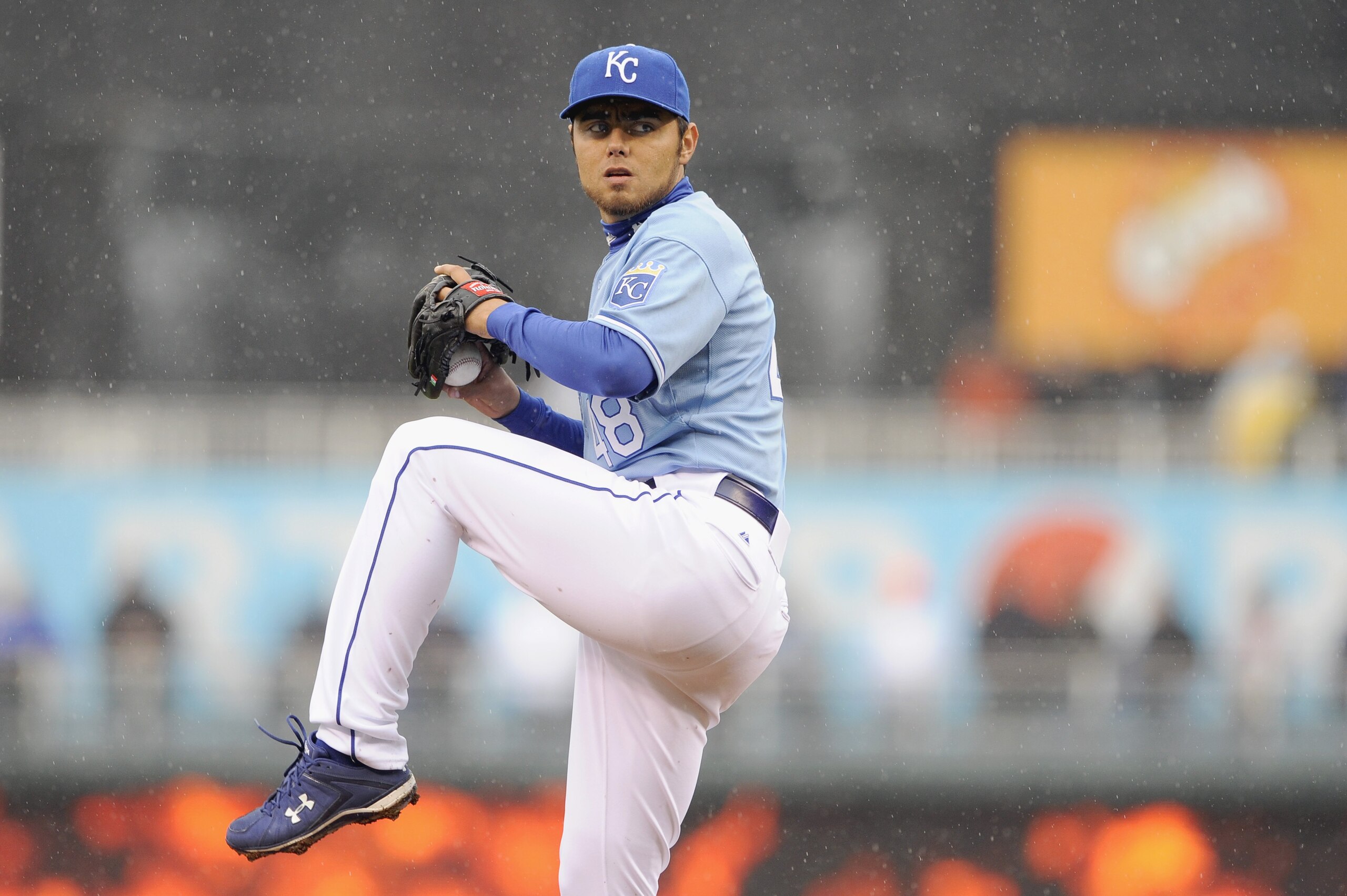KANSAS CITY, MO - APRIL 12: Joakim Soria #48 of the Kansas City Royals delivers the pitch against the New York Yankees on April 12, 2009 at Kauffman Stadium in Kansas City, Missouri. (Photo by G. Newman Lowrance/Getty Images)