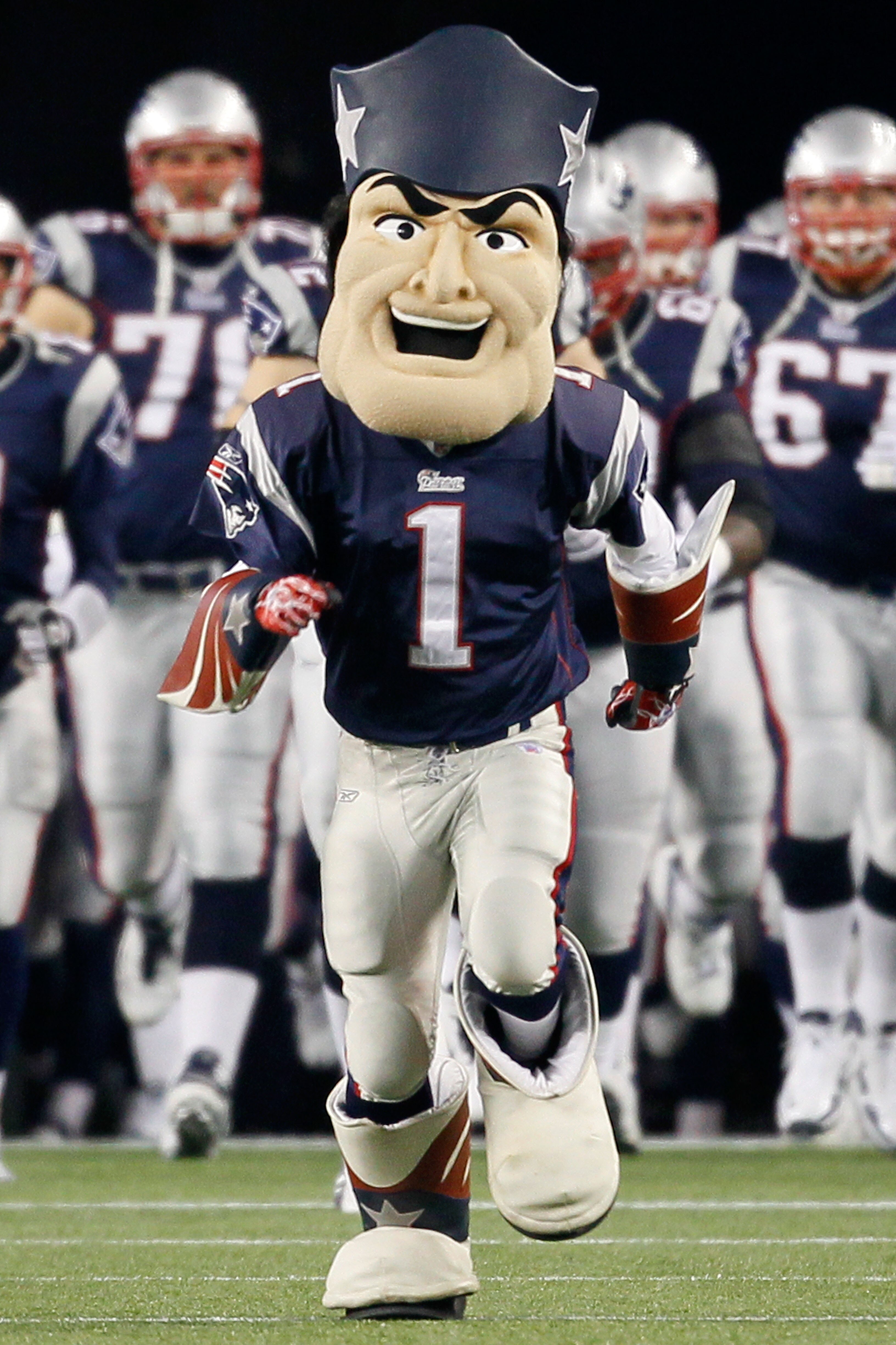FOXBORO, MA - DECEMBER 19:  The mascot for the New England Patriots leads the team onto the feild before the game against the Green Bay Packers at Gillette Stadium on December 19, 2010 in Foxboro, Massachusetts. The Patriots won the game 31-27.  (Photo by