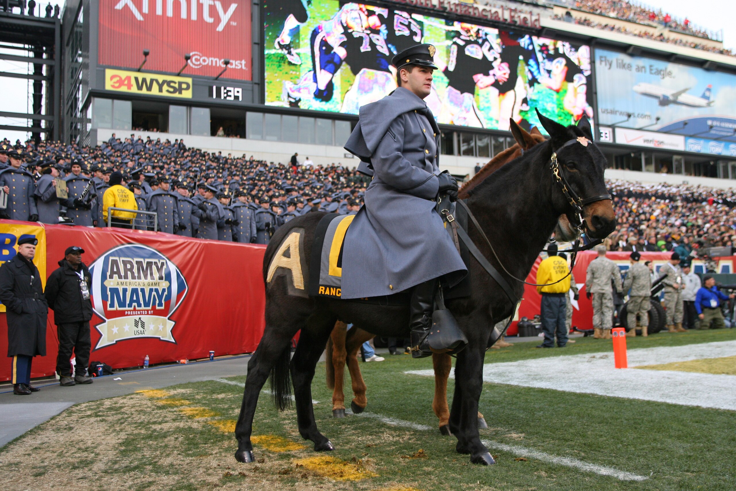 PHILADELPHIA - DECEMBER 11: An Army cadet sits on the Army mule during a game against the Navy Midshipmen on December 11, 2010 at Lincoln Financial Field in Philadelphia, Pennsylvania. The Midshipmen won 31-17. (Photo by Hunter Martin/Getty Images) PHILADELPHIA - DECEMBER 11: An Army cadet sits on the Army mule during a game against the Navy Midshipmen on December 11, 2010 at Lincoln Financial Field in Philadelphia, Pennsylvania. The Midshipmen won 31-17. (Photo by Hunter Martin/Getty Images)